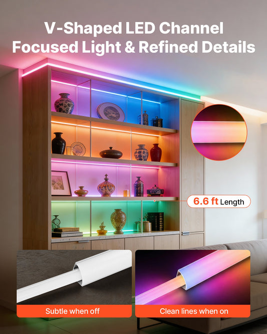 10-Pack 6.6 ft V-Shape LED Aluminum Channel Kit with Milky Cover, End Caps, Clips - Ideal for Under Cabinet Lighting, Easy Install LED Strip Light Profile
