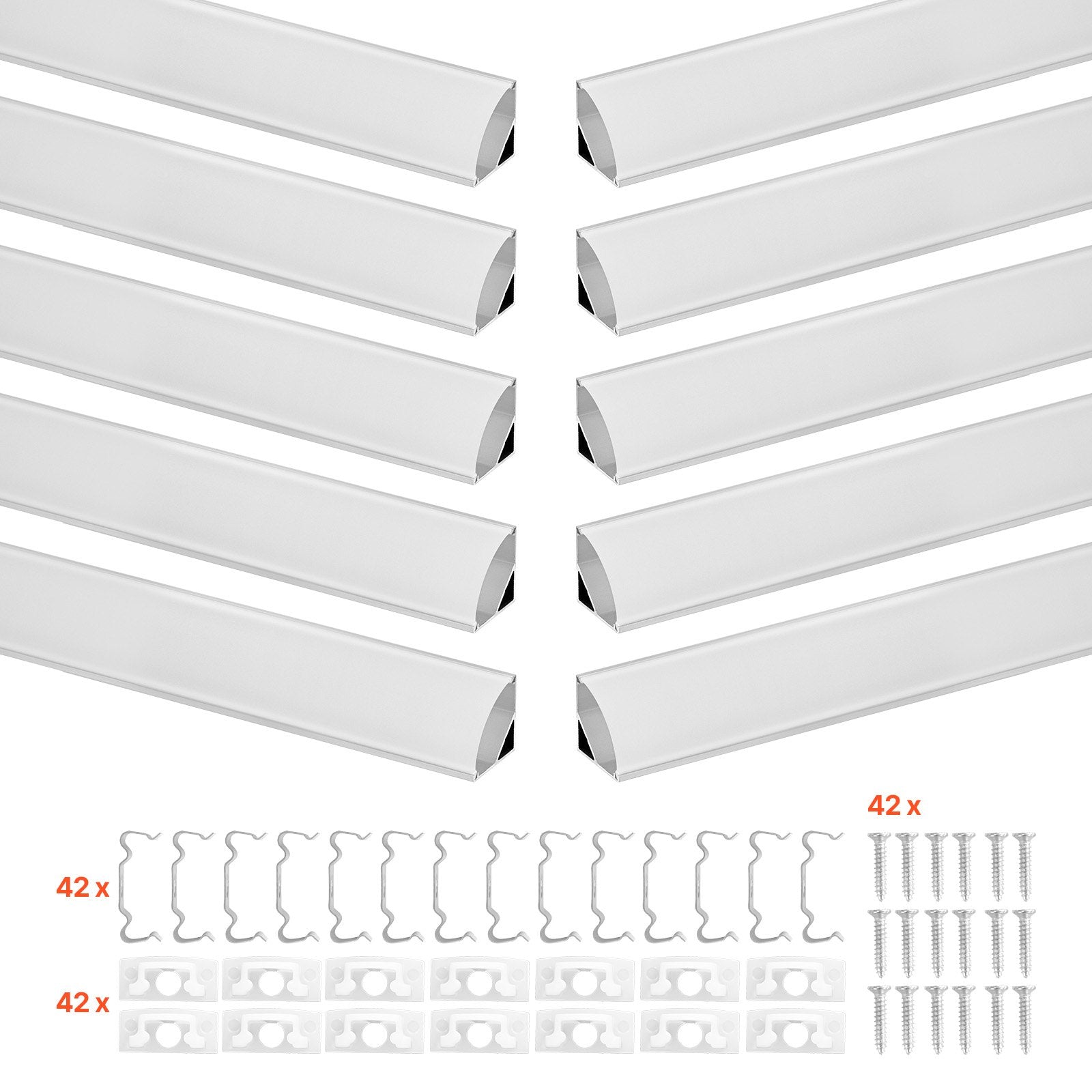 10-Pack 6.6 ft V-Shape LED Aluminum Channel Kit with Milky Cover, End Caps, Clips - Ideal for Under Cabinet Lighting, Easy Install LED Strip Light Profile