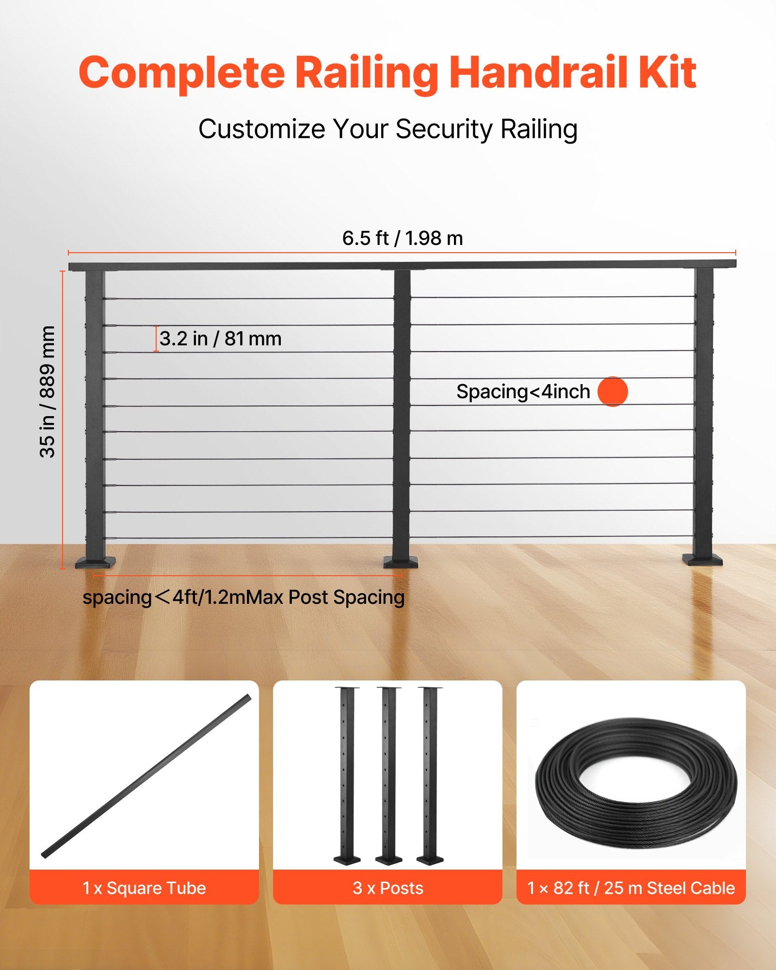 6.5 ft Cable Railing Kit with Posts, Matte Black Stainless Steel Handrail for Steps, Decks, Balconies - Easy Install, Cuttable, Indoor/Outdoor Use
