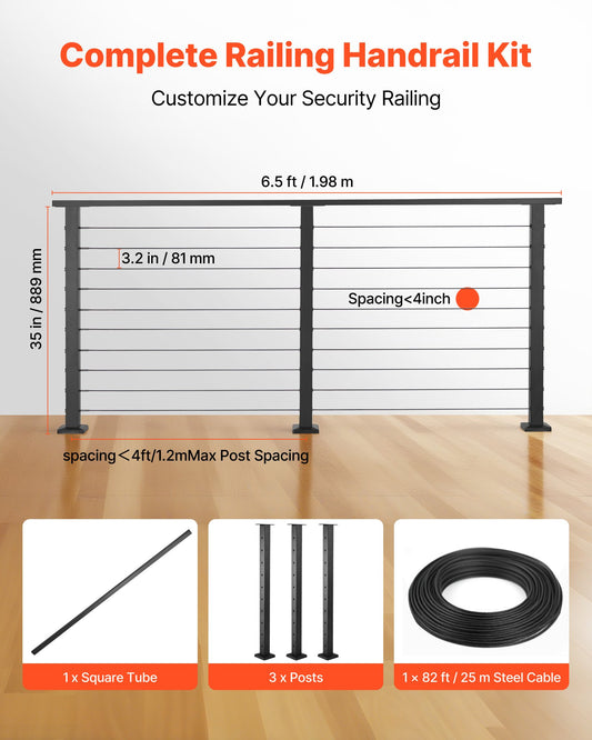 6.5 ft Cable Railing Kit with Posts, Matte Black Stainless Steel Handrail for Steps, Decks, Balconies - Easy Install, Cuttable, Indoor/Outdoor Use