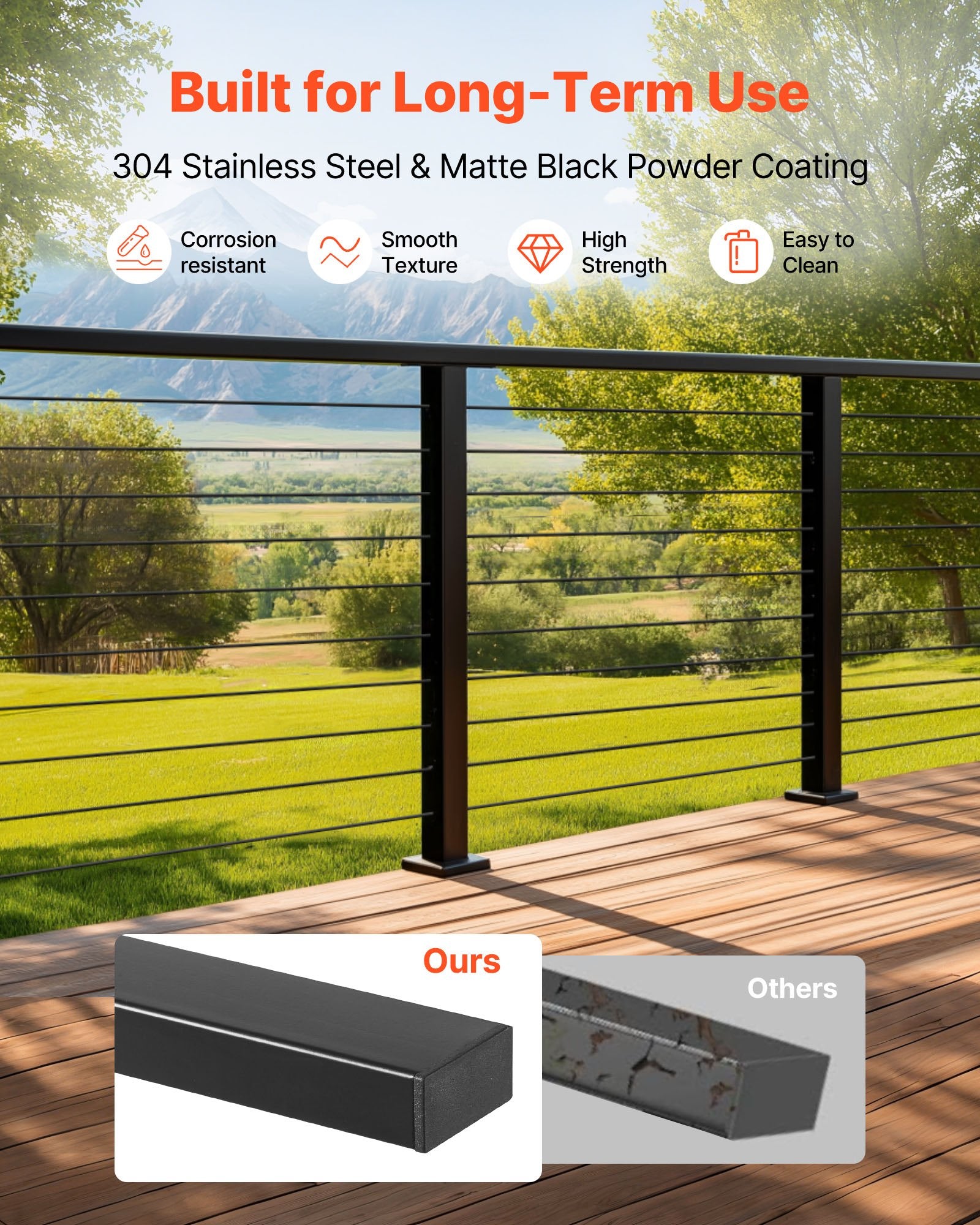 6.5 ft Cable Railing Kit with Posts, Matte Black Stainless Steel Handrail for Steps, Decks, Balconies - Easy Install, Cuttable, Indoor/Outdoor Use