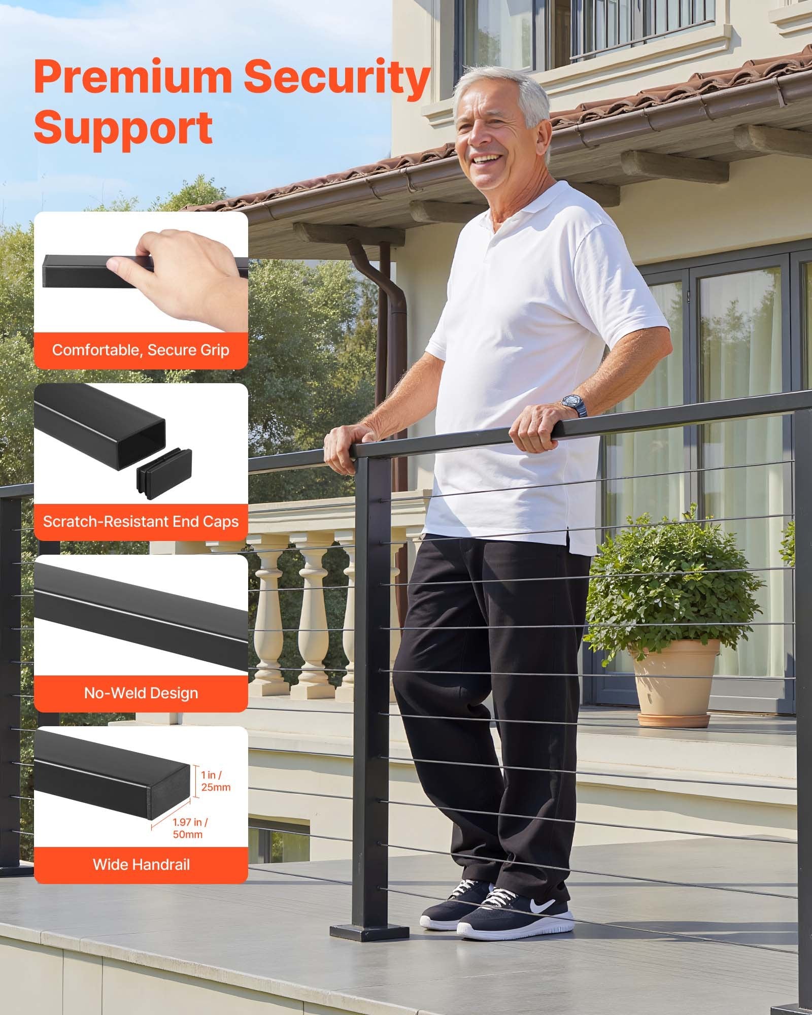 6.5 ft Cable Railing Kit with Posts, Matte Black Stainless Steel Handrail for Steps, Decks, Balconies - Easy Install, Cuttable, Indoor/Outdoor Use
