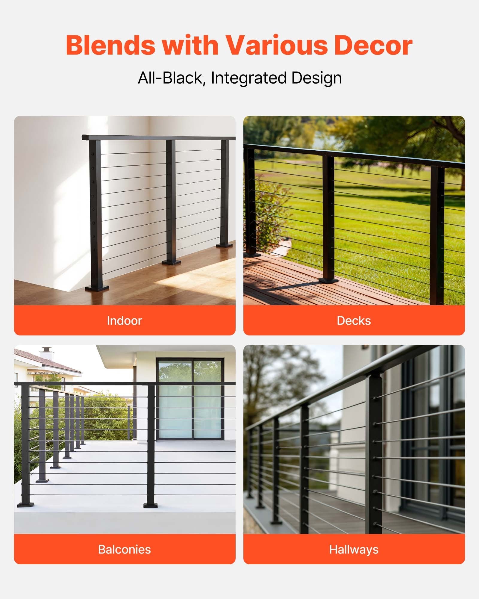 6.5 ft Cable Railing Kit with Posts, Matte Black Stainless Steel Handrail for Steps, Decks, Balconies - Easy Install, Cuttable, Indoor/Outdoor Use