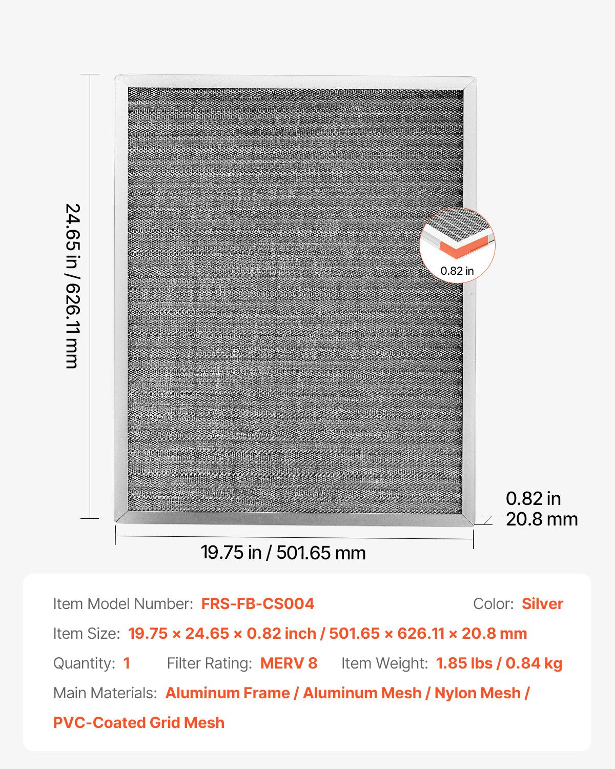 Washable & Reusable Electrostatic Air Filter 20x25x1 Inch, MERV 8 Aluminum HVAC/Furnace Filter for Cleaner Air, Long-Lasting, Easy Maintenance