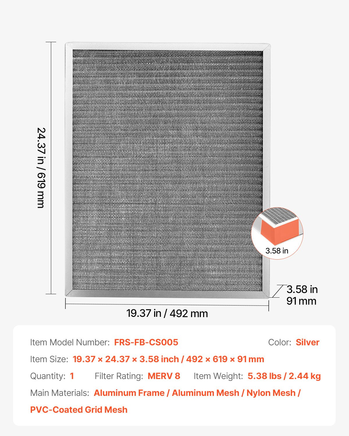 Washable Electrostatic Air Filter 20x25x4 Inch, Aluminum AC/HVAC Furnace Filter MERV 8, Long Life, Cleaner Air, Easy Install