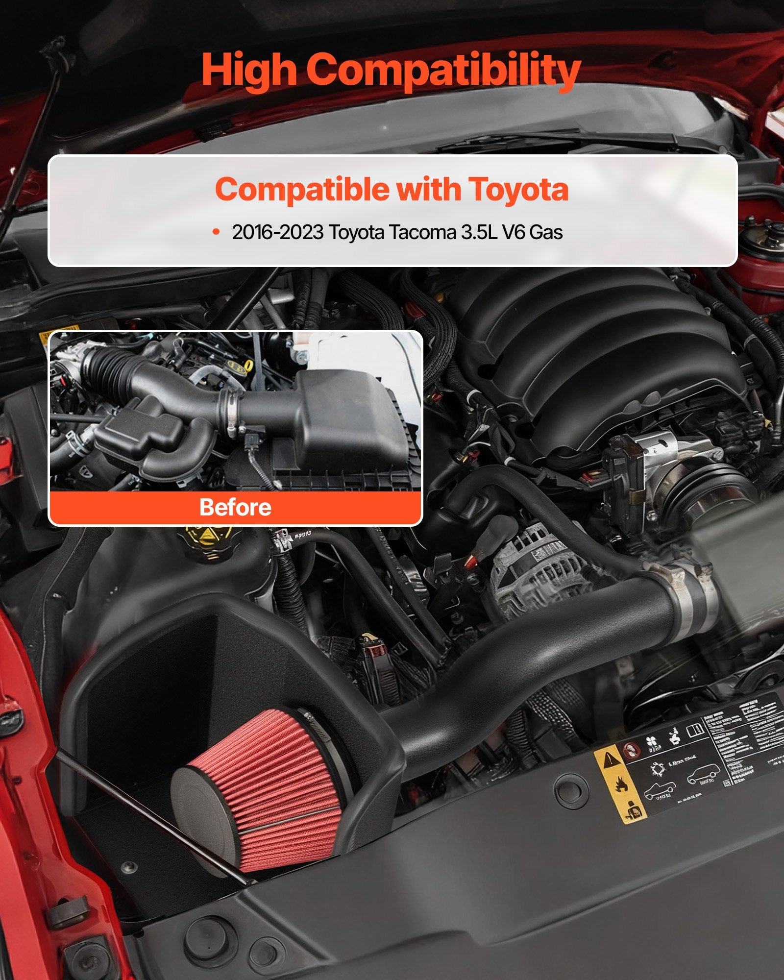 Enhanced Cold Air Intake System for 2016-2023 Toyota Tacoma 3.5L V6 - High Flow Filter, Heat Shield, Boost Horsepower & Throttle Response