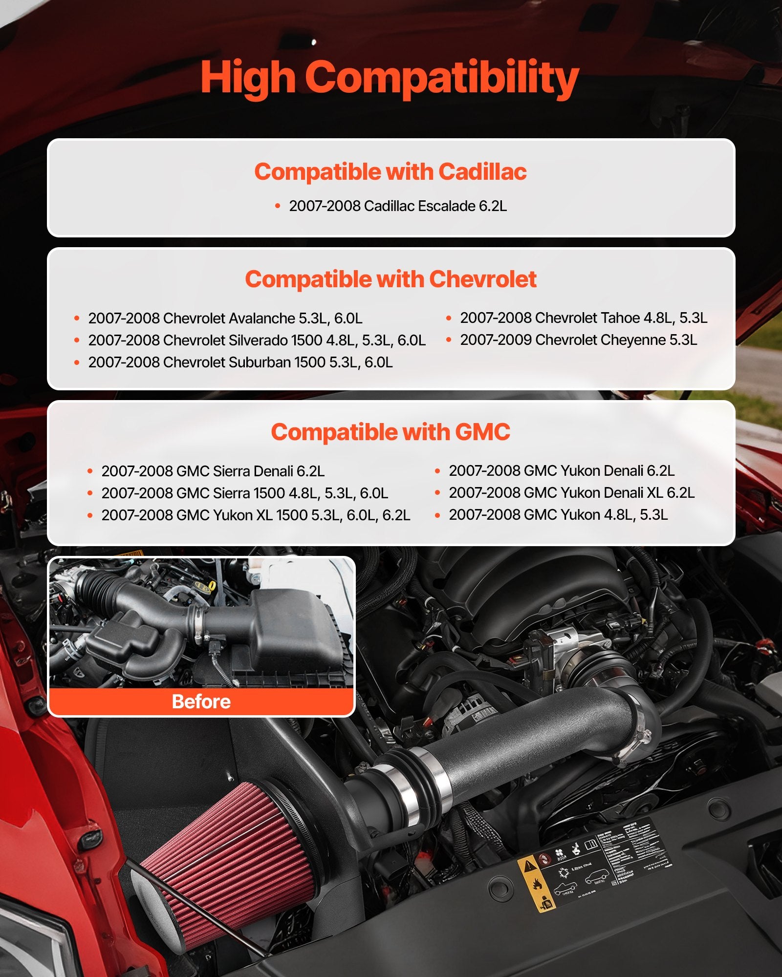 Enhanced 3.5" Cold Air Intake System with Heat Shield for 2007-2008 Cadillac, Chevy, GMC - Boost Horsepower, Non-Woven Filter, Aluminum Tube