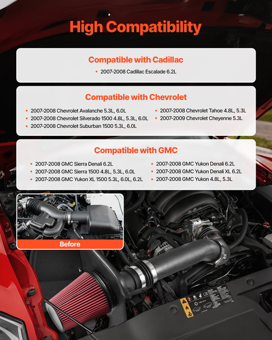 Enhanced 3.5" Cold Air Intake System with Heat Shield for 2007-2008 Cadillac, Chevy, GMC - Boost Horsepower, Non-Woven Filter, Aluminum Tube