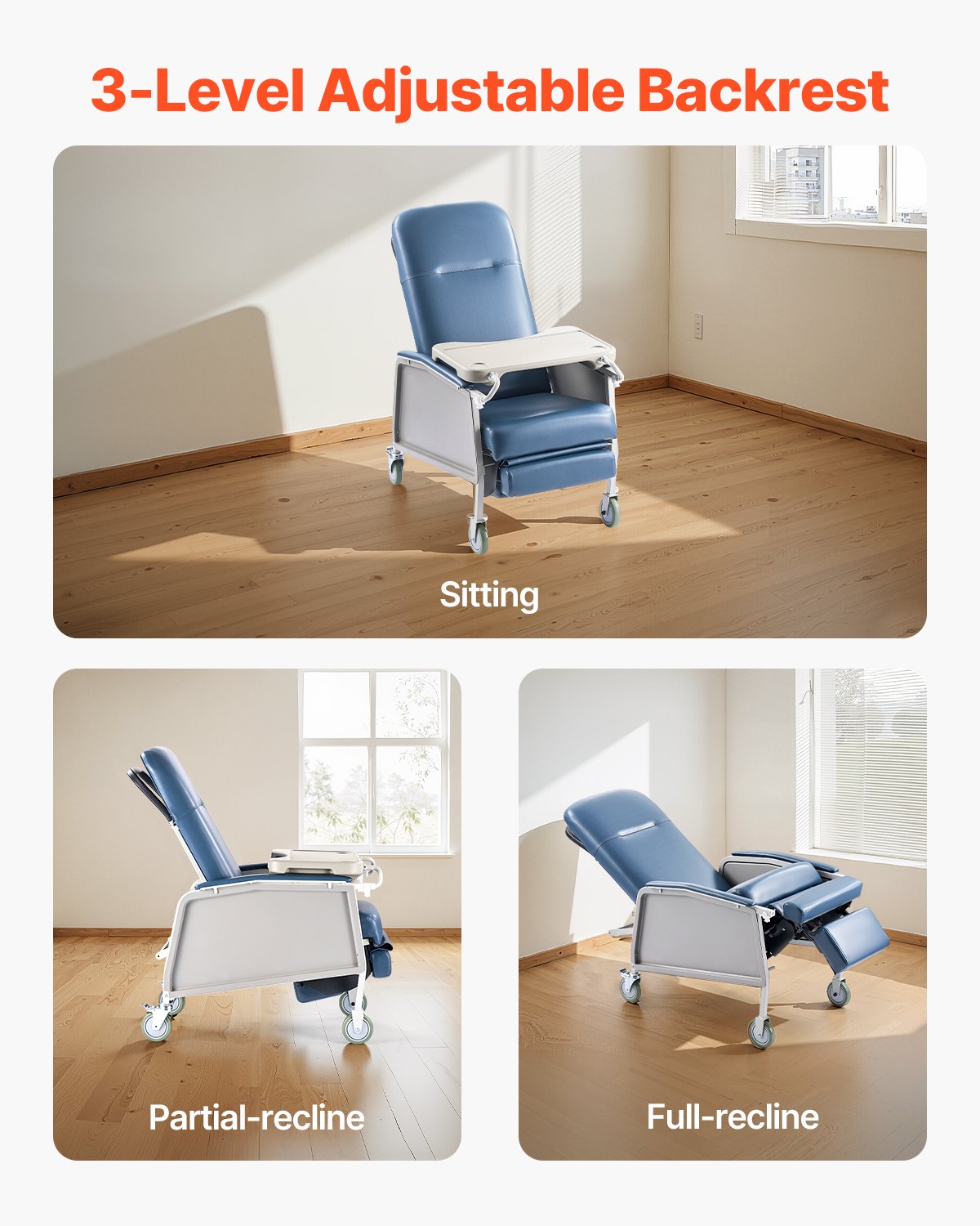 Versatile Geri Recliner Chair with Wheels for Hospitals and Nursing Homes - 3-Position, Soft Padded, Detachable Tray, 250 lbs Capacity