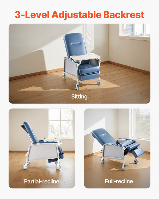 Versatile Geri Recliner Chair with Wheels for Hospitals and Nursing Homes - 3-Position, Soft Padded, Detachable Tray, 250 lbs Capacity