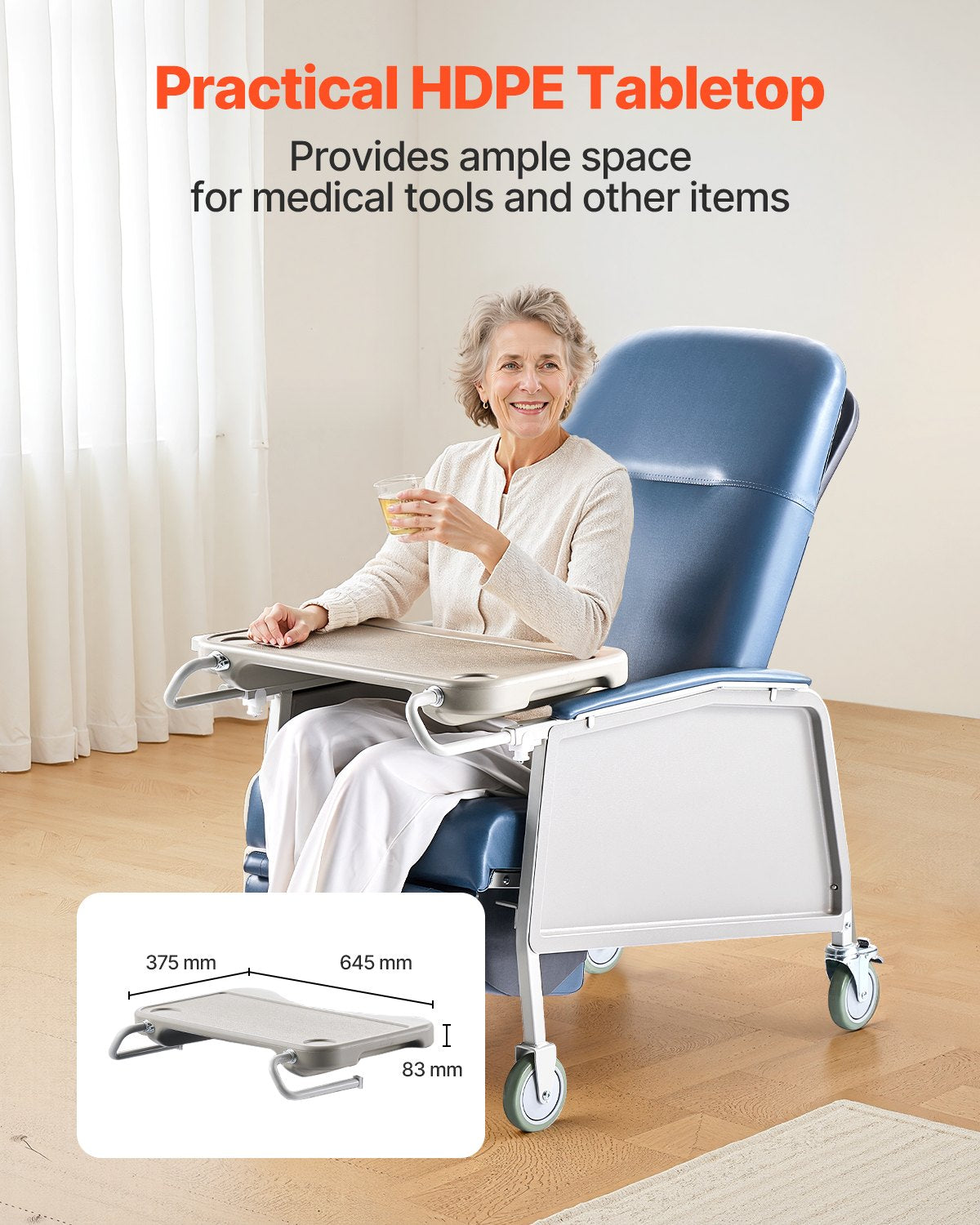 Versatile Geri Recliner Chair with Wheels for Hospitals and Nursing Homes - 3-Position, Soft Padded, Detachable Tray, 250 lbs Capacity