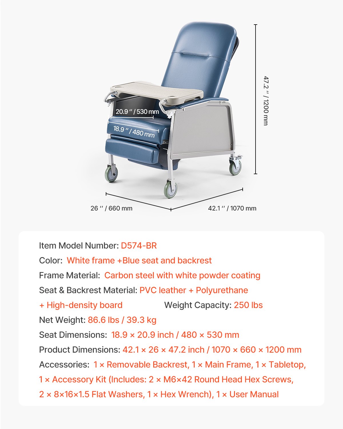 Versatile Geri Recliner Chair with Wheels for Hospitals and Nursing Homes - 3-Position, Soft Padded, Detachable Tray, 250 lbs Capacity