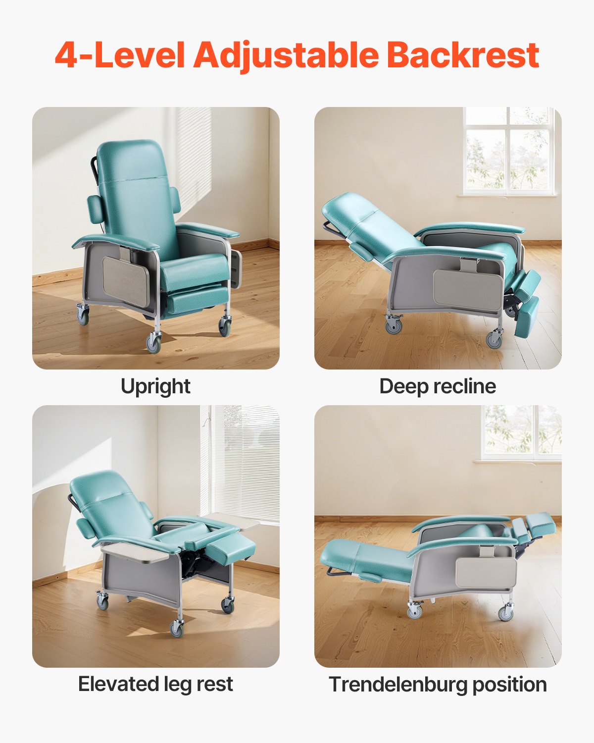 Advanced Geri Chair Recliner with 4-Position Backrest, Trendelenburg Medical Recliner for Nursing Homes, Hospital & Geriatric Care with Wheels & Trays
