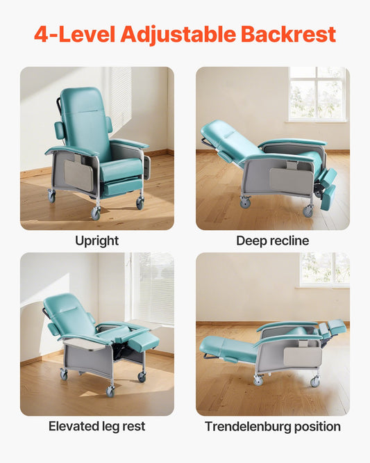 Advanced Geri Chair Recliner with 4-Position Backrest, Trendelenburg Medical Recliner for Nursing Homes, Hospital & Geriatric Care with Wheels & Trays