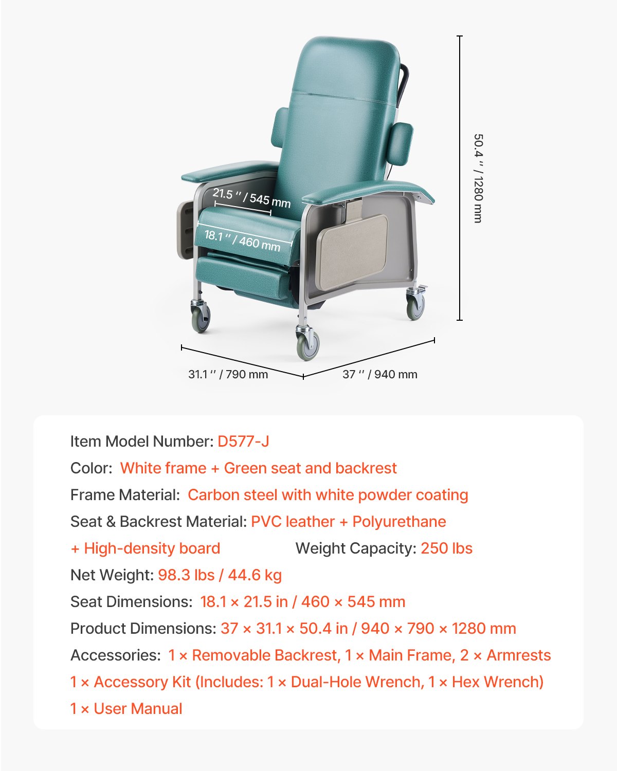 Advanced Geri Chair Recliner with 4-Position Backrest, Trendelenburg Medical Recliner for Nursing Homes, Hospital & Geriatric Care with Wheels & Trays