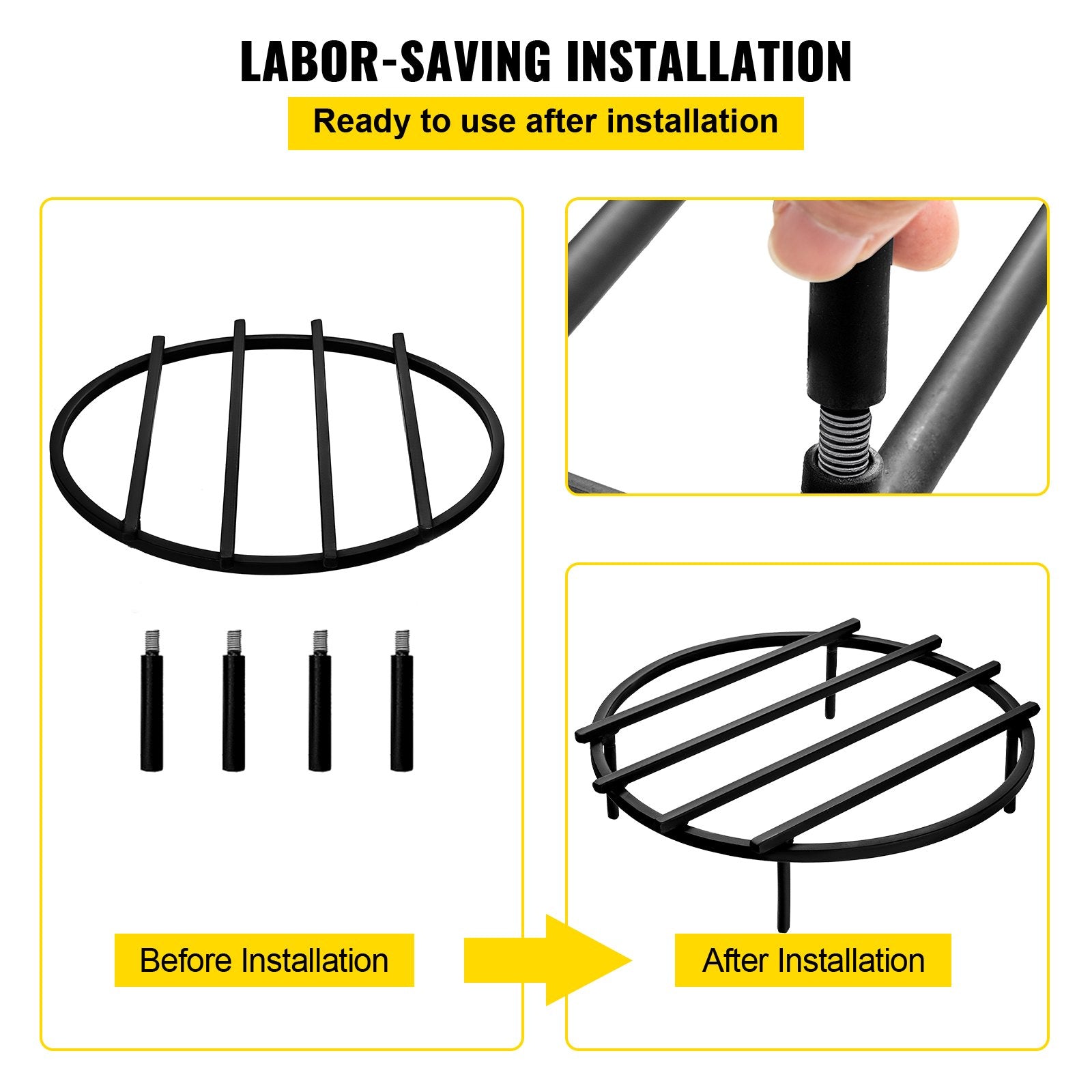 Robust 18" Round Fire Pit Grate with Removable Legs - Heavy Duty Iron, Black Finish for Efficient Fireplace & Firepit Burning, Wood & Charcoal Compatible