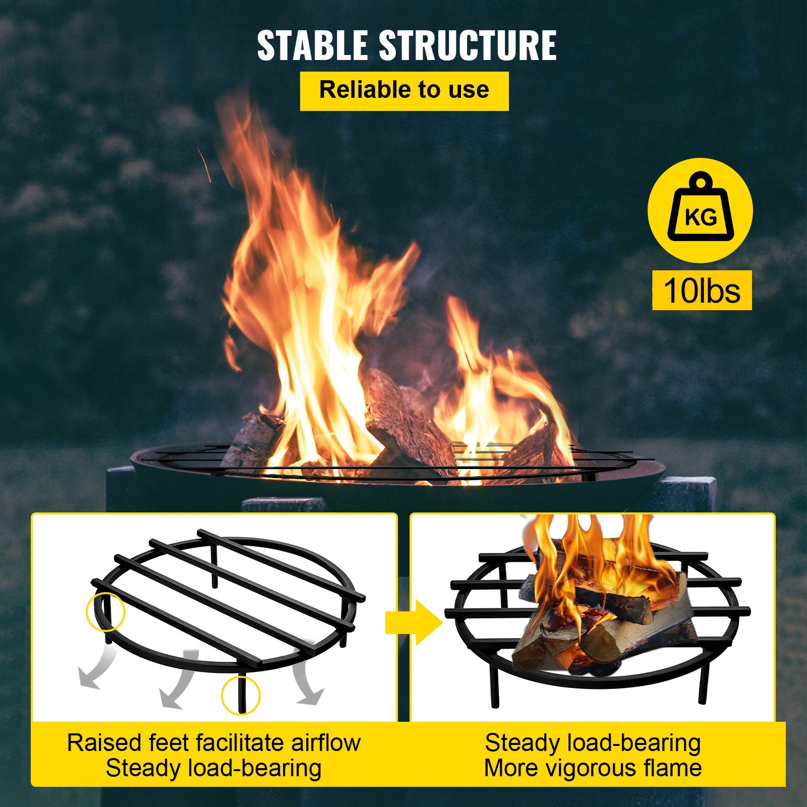 Robust 18" Round Fire Pit Grate with Removable Legs - Heavy Duty Iron, Black Finish for Efficient Fireplace & Firepit Burning, Wood & Charcoal Compatible