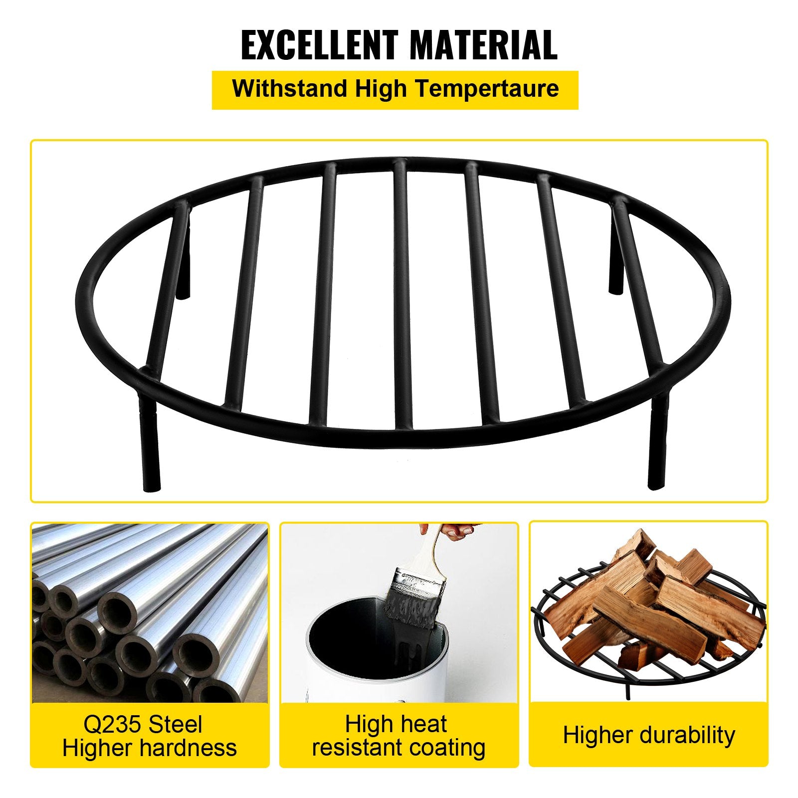 Heavy Duty 19" Round Fire Pit Grate with Removable Legs, Black Iron Firewood Grate for Fireplace & Outdoor Firepits, Easy Installation