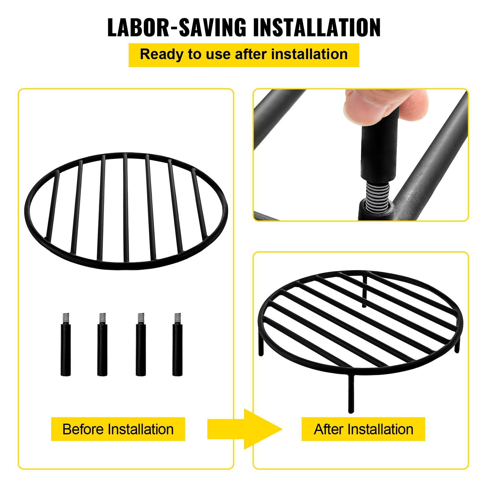 Heavy Duty 19" Round Fire Pit Grate with Removable Legs, Black Iron Firewood Grate for Fireplace & Outdoor Firepits, Easy Installation