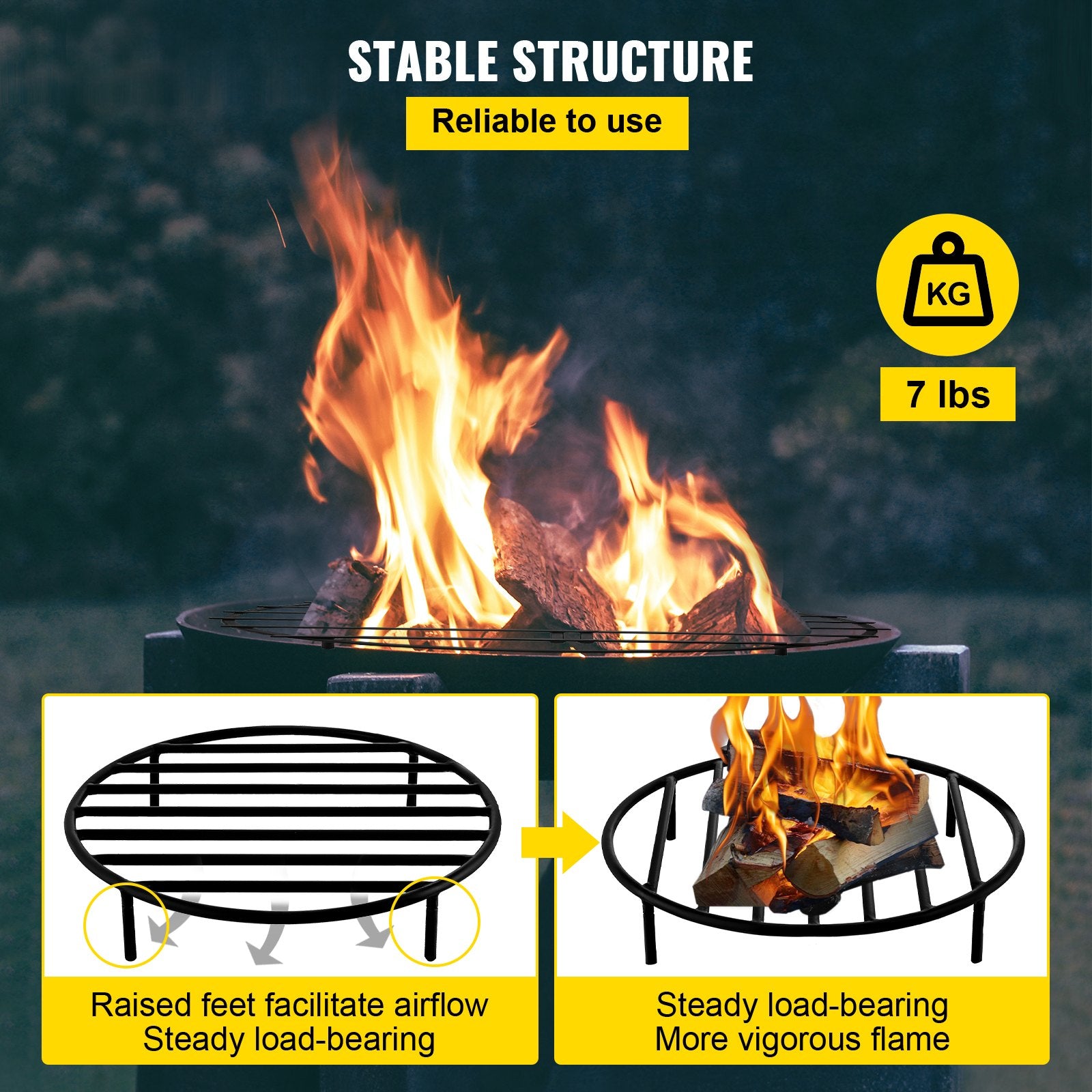 Heavy Duty 19" Round Fire Pit Grate with Removable Legs, Black Iron Firewood Grate for Fireplace & Outdoor Firepits, Easy Installation