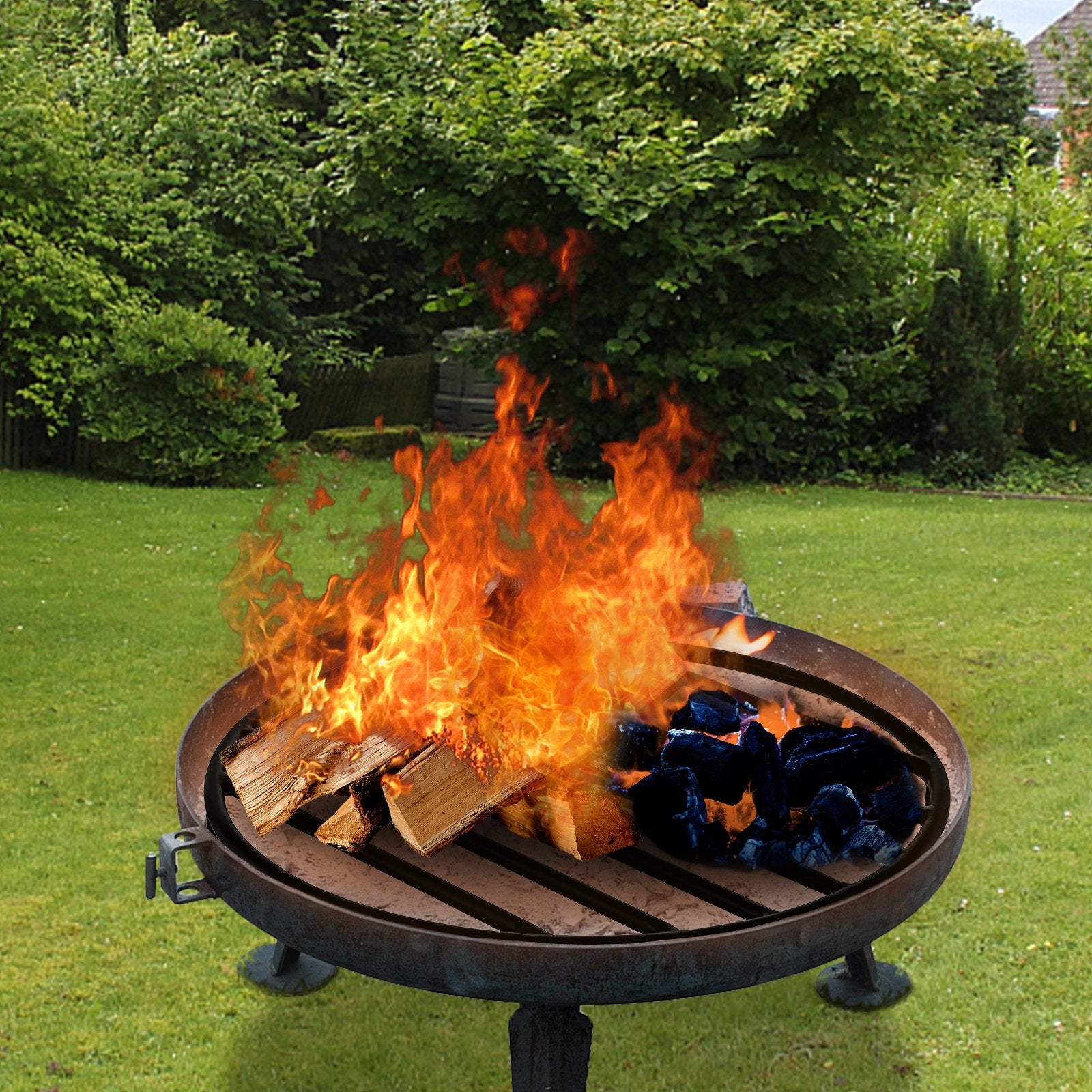 Heavy Duty 19" Round Fire Pit Grate with Removable Legs, Black Iron Firewood Grate for Fireplace & Outdoor Firepits, Easy Installation
