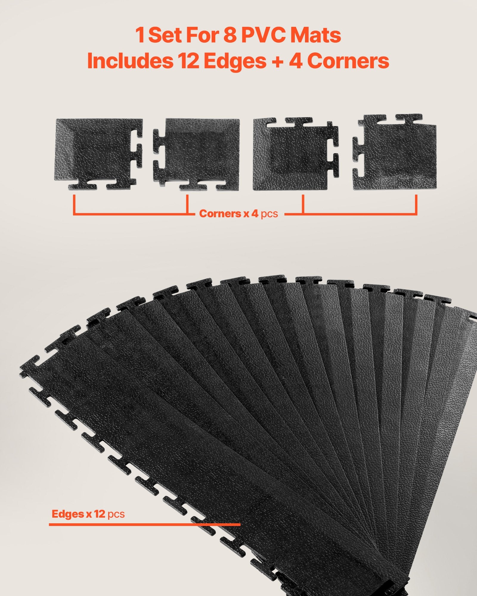 Sturdy PVC Garage Floor Edge Kit - 12 Edges & 4 Corners, Slip-Resistant, Fits 4-Sided Interlocking Mats, Black, Easy Maintenance