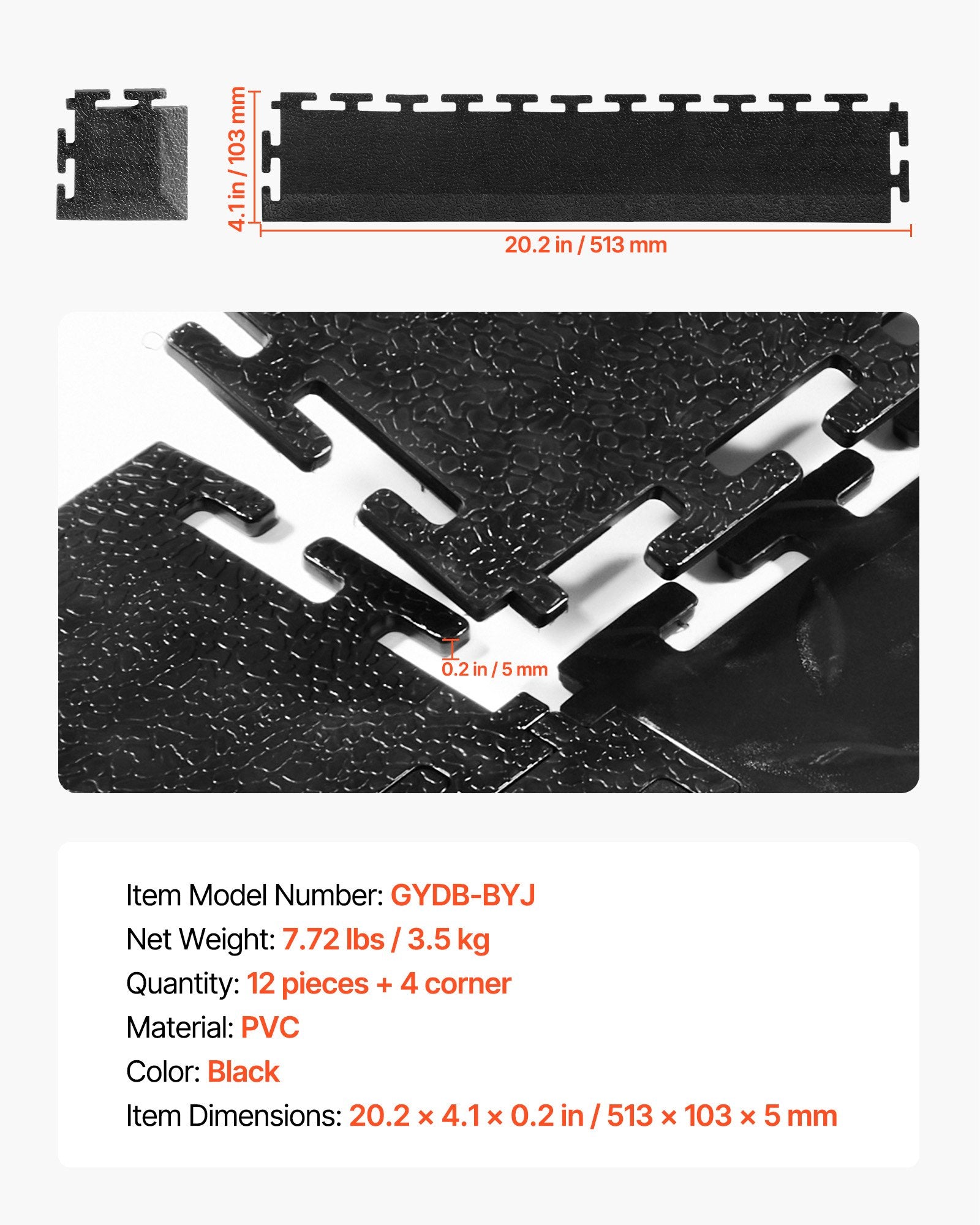 Sturdy PVC Garage Floor Edge Kit - 12 Edges & 4 Corners, Slip-Resistant, Fits 4-Sided Interlocking Mats, Black, Easy Maintenance