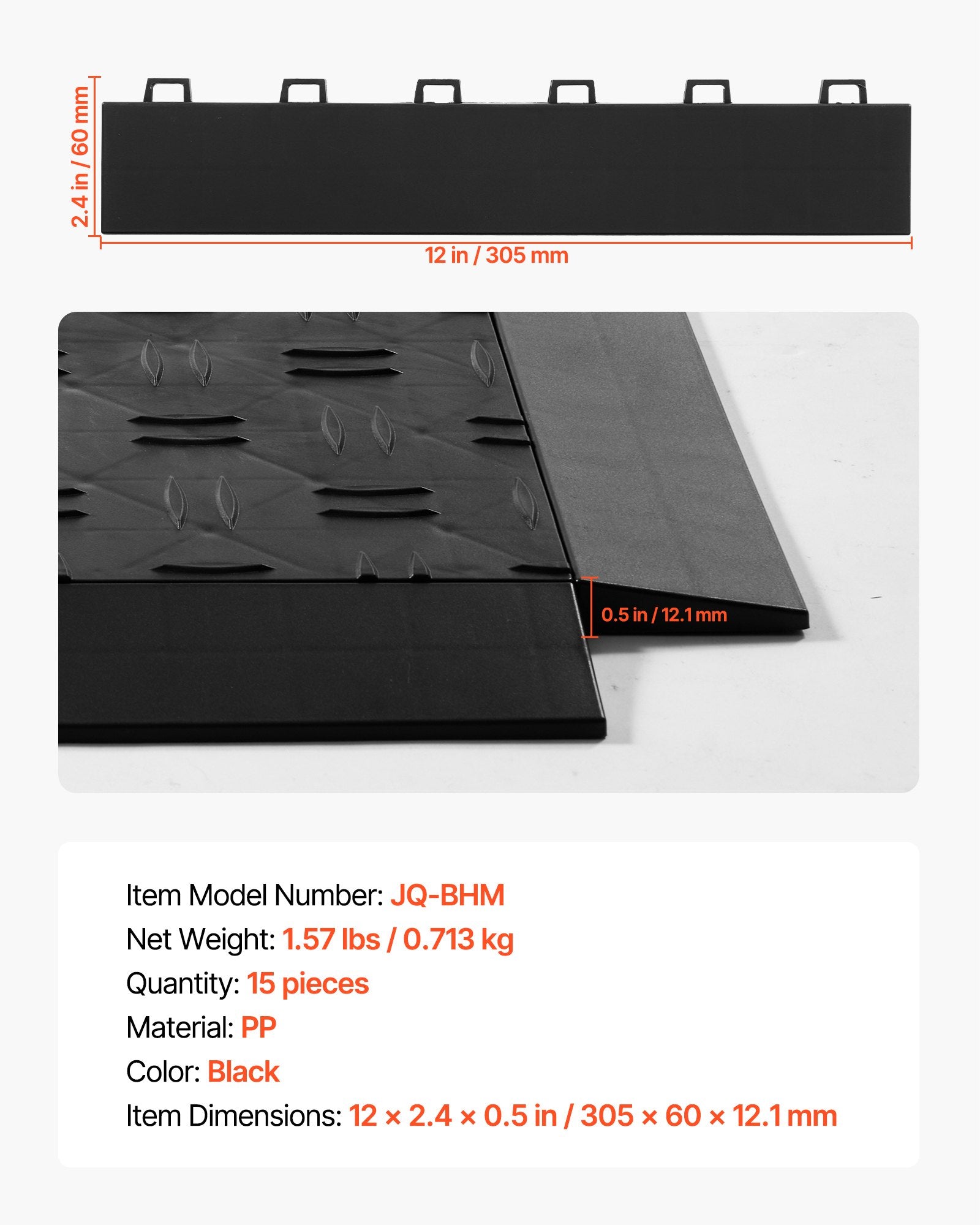 15 PCS Modular Garage Floor Edge Kit - Sturdy Slip-Resistant PP, Easy Assembly for Upgraded 6-Lock Mats, Black, Non-Slip, Stain-Resistant, Durable