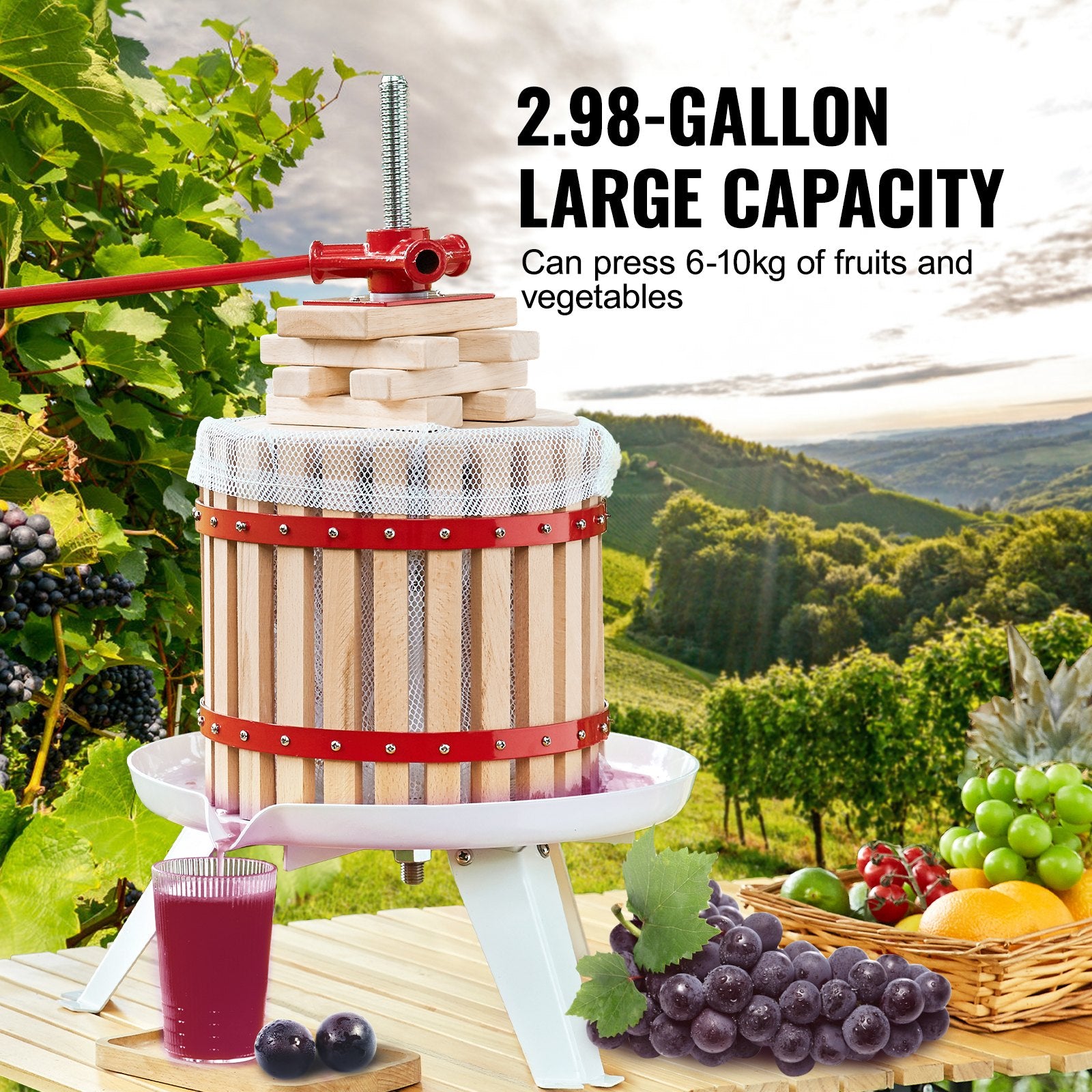 Solid Wood Fruit Wine Press, 2.98 Gal Capacity, Manual Juice Maker for Cider, Apple, Grape, Tincture, Olive Oil & More in Kitchen