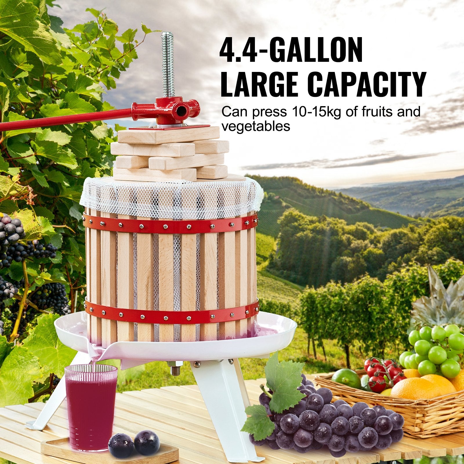 4.4 Gallon Fruit Wine Press, Manual Juice Maker with Solid Wood Basket for Cider, Apple, Grape, Olive Oil & More - Ideal for Kitchen Use