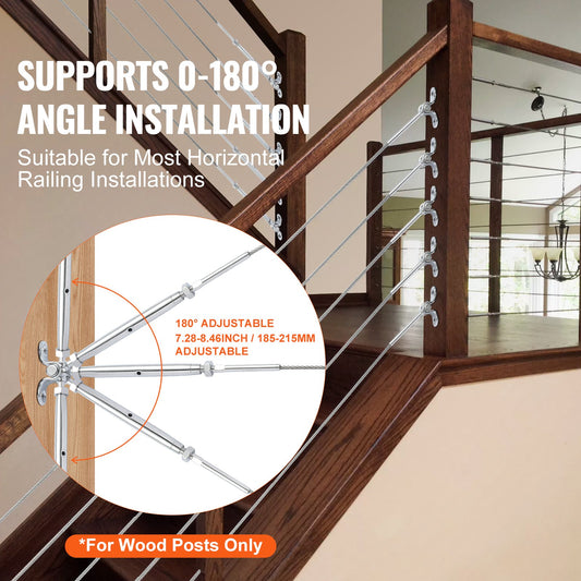 T316 Stainless Steel Cable Railing Kit for Wood Posts, 1/8" Wire Rope, Adjustable 0-180° Angle, Easy Install, Marine Grade, 10 Pack, Durable & Versatile