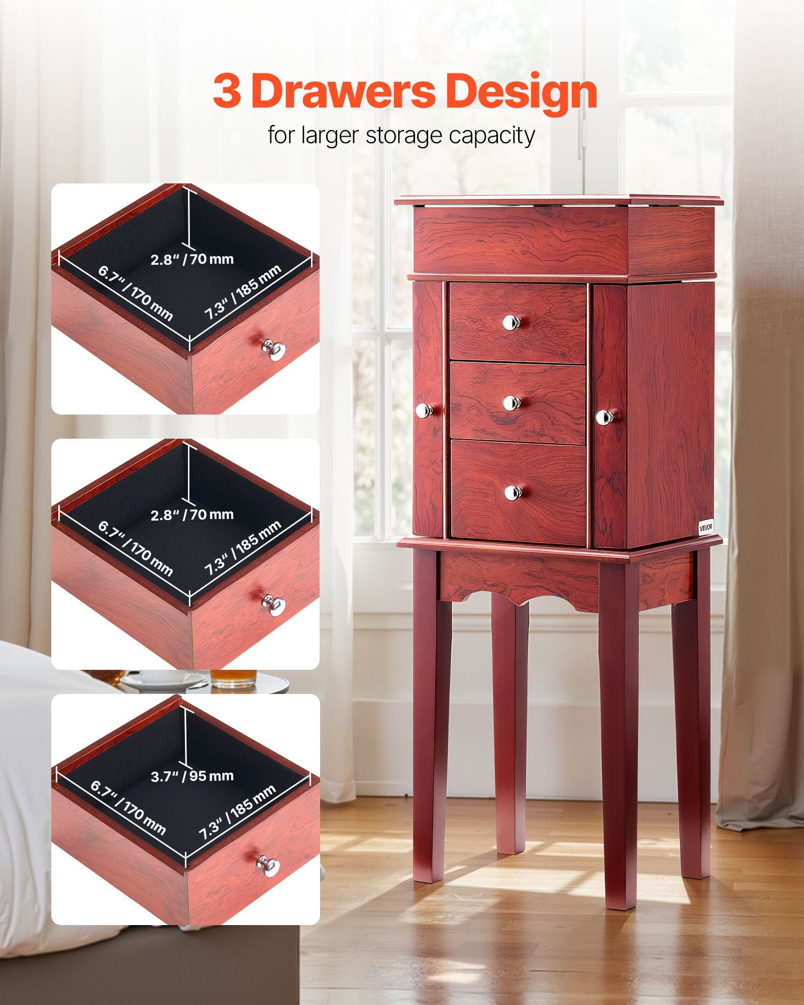 Elegant Standing Wood Jewelry Armoire with Mirror, 3 Drawers, Necklace Hooks, and Top Compartments for Organized Storage and Display