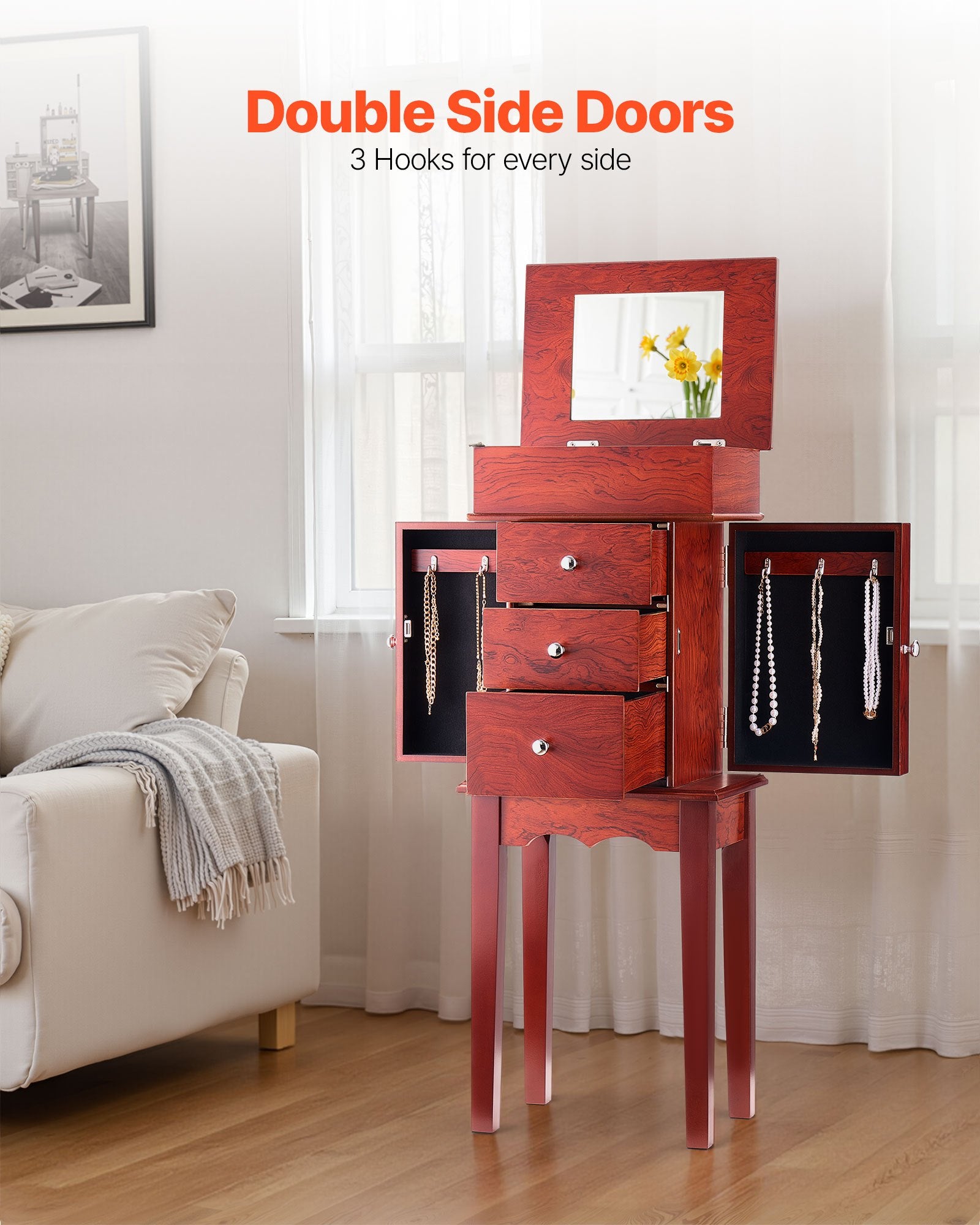 Elegant Standing Wood Jewelry Armoire with Mirror, 3 Drawers, Necklace Hooks, and Top Compartments for Organized Storage and Display