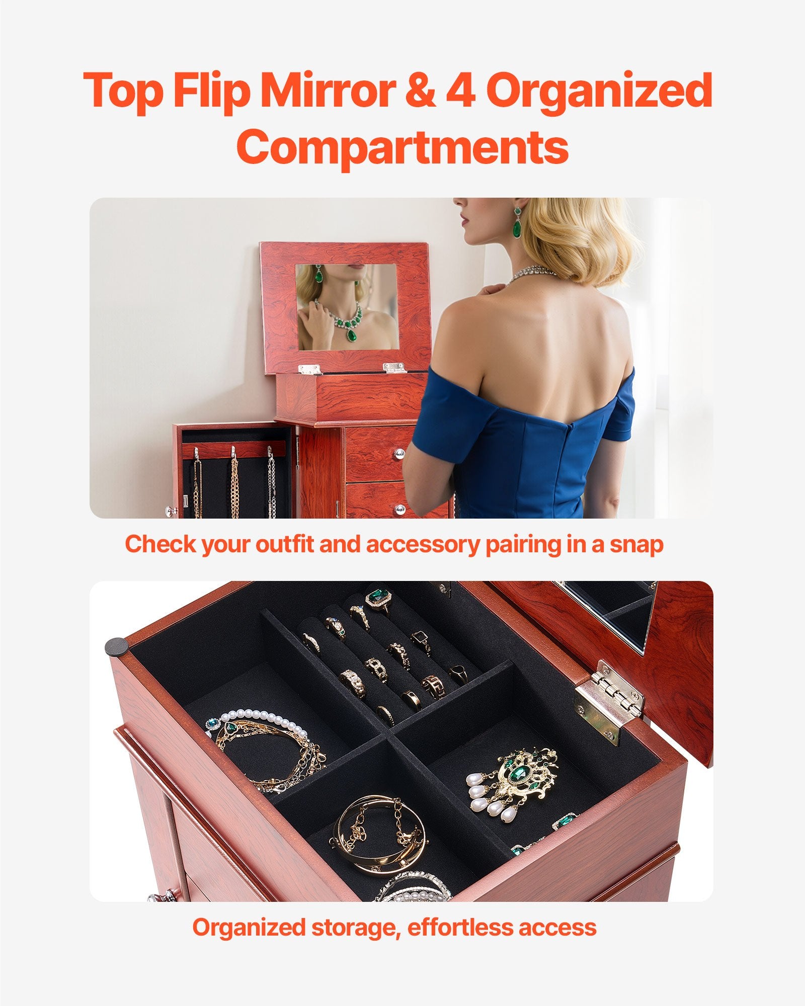 Elegant Standing Wood Jewelry Armoire with Mirror, 3 Drawers, Necklace Hooks, and Top Compartments for Organized Storage and Display