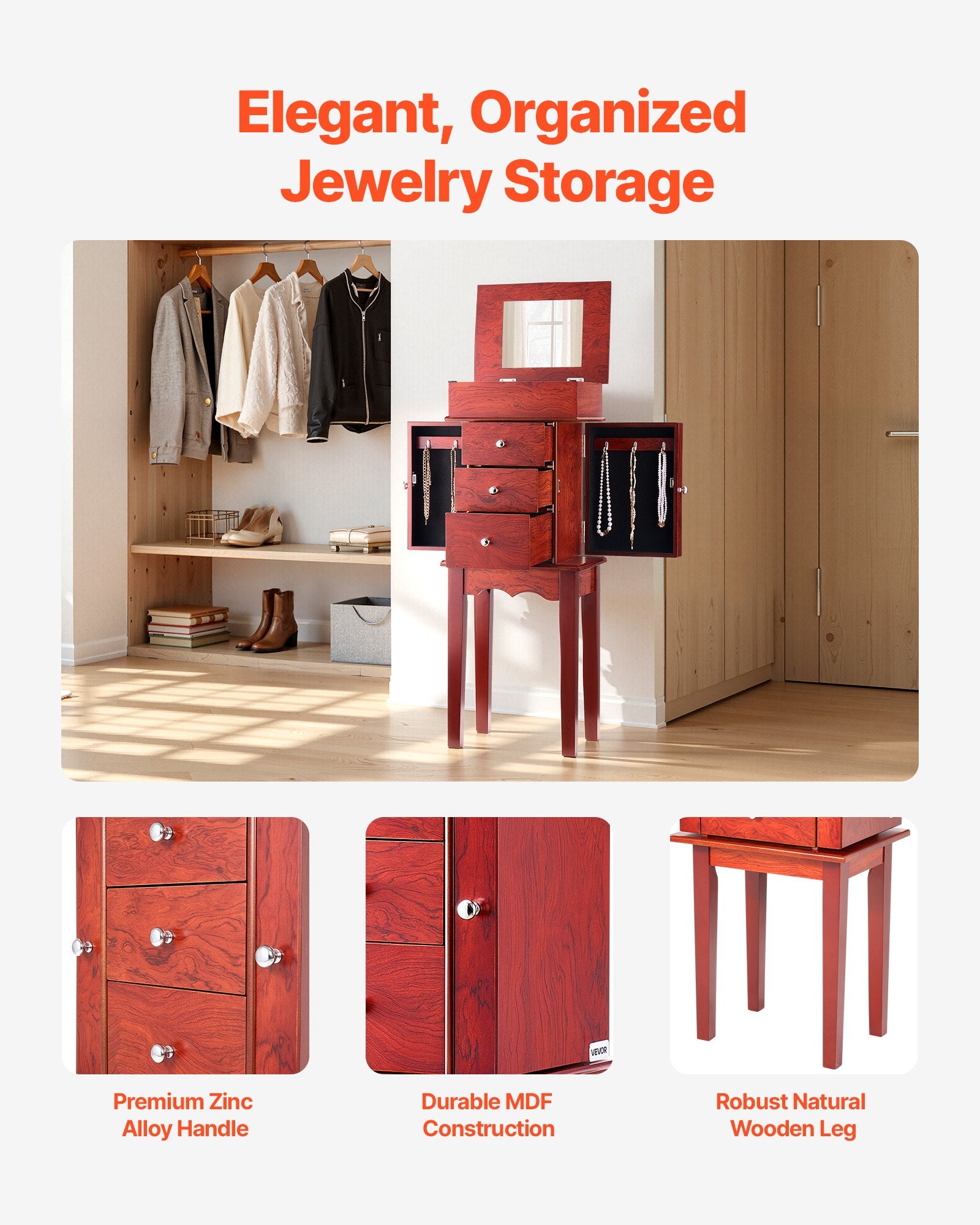 Elegant Standing Wood Jewelry Armoire with Mirror, 3 Drawers, Necklace Hooks, and Top Compartments for Organized Storage and Display