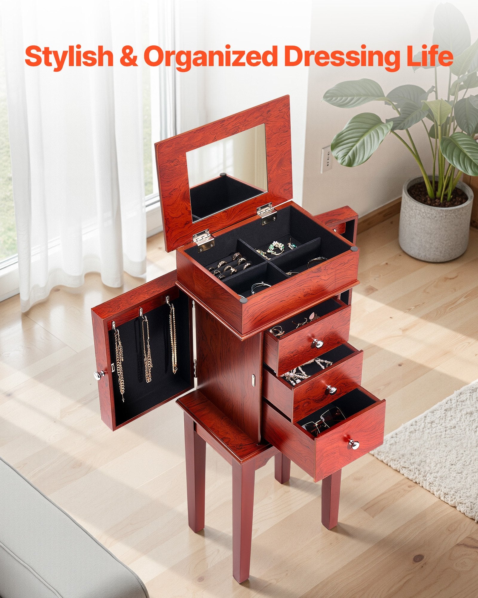 Elegant Standing Wood Jewelry Armoire with Mirror, 3 Drawers, Necklace Hooks, and Top Compartments for Organized Storage and Display