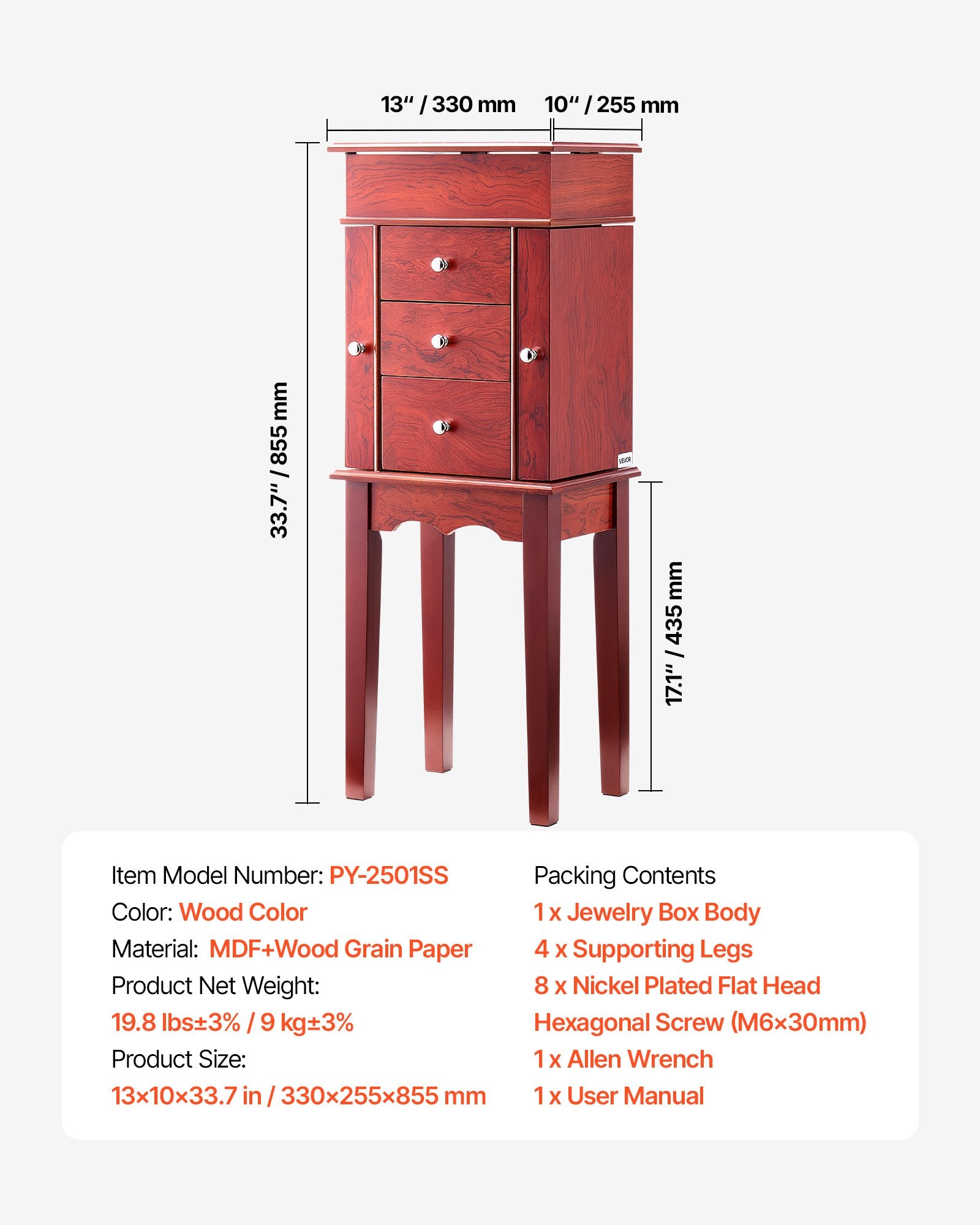 Elegant Standing Wood Jewelry Armoire with Mirror, 3 Drawers, Necklace Hooks, and Top Compartments for Organized Storage and Display
