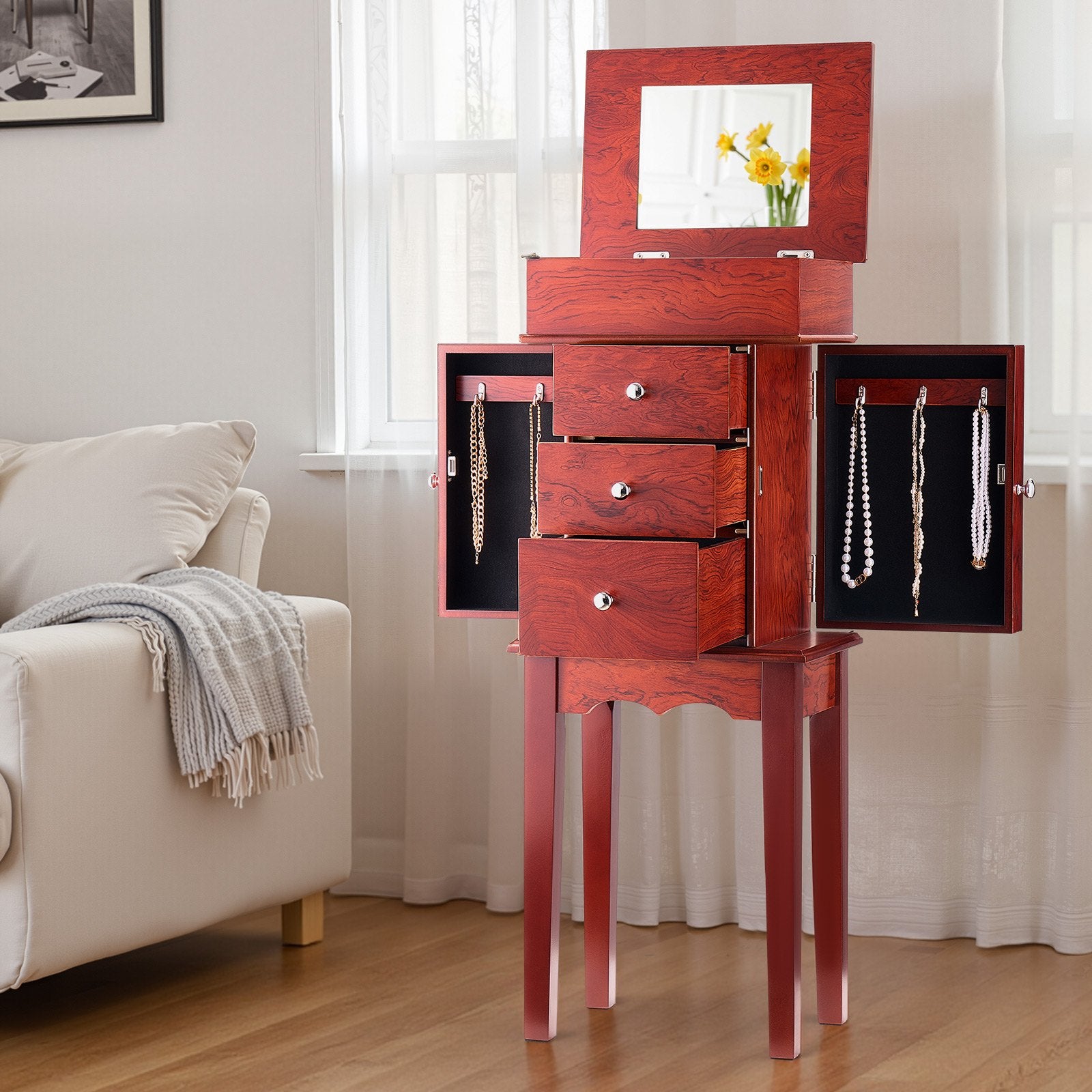 Elegant Standing Wood Jewelry Armoire with Mirror, 3 Drawers, Necklace Hooks, and Top Compartments for Organized Storage and Display