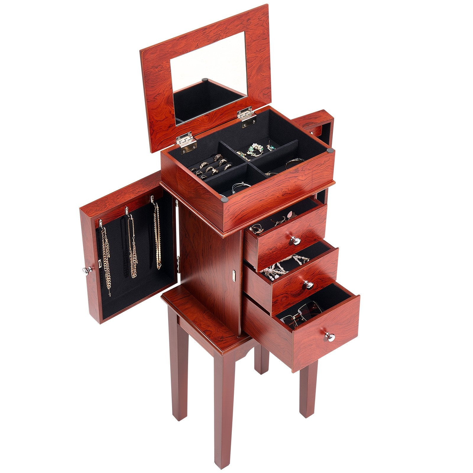 Elegant Standing Wood Jewelry Armoire with Mirror, 3 Drawers, Necklace Hooks, and Top Compartments for Organized Storage and Display