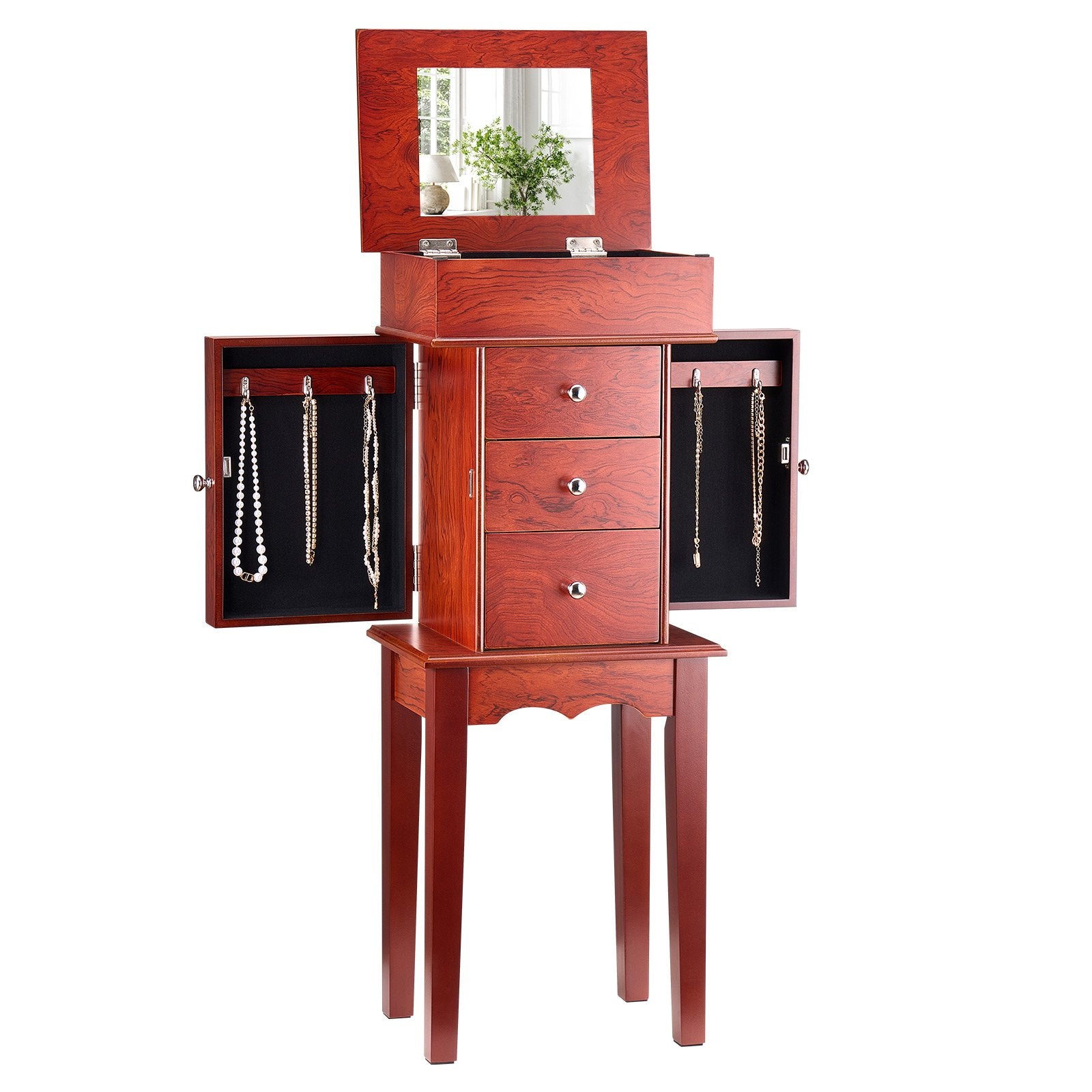 Elegant Standing Wood Jewelry Armoire with Mirror, 3 Drawers, Necklace Hooks, and Top Compartments for Organized Storage and Display