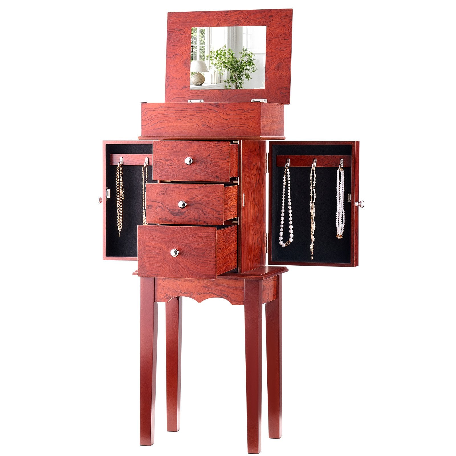 Elegant Standing Wood Jewelry Armoire with Mirror, 3 Drawers, Necklace Hooks, and Top Compartments for Organized Storage and Display