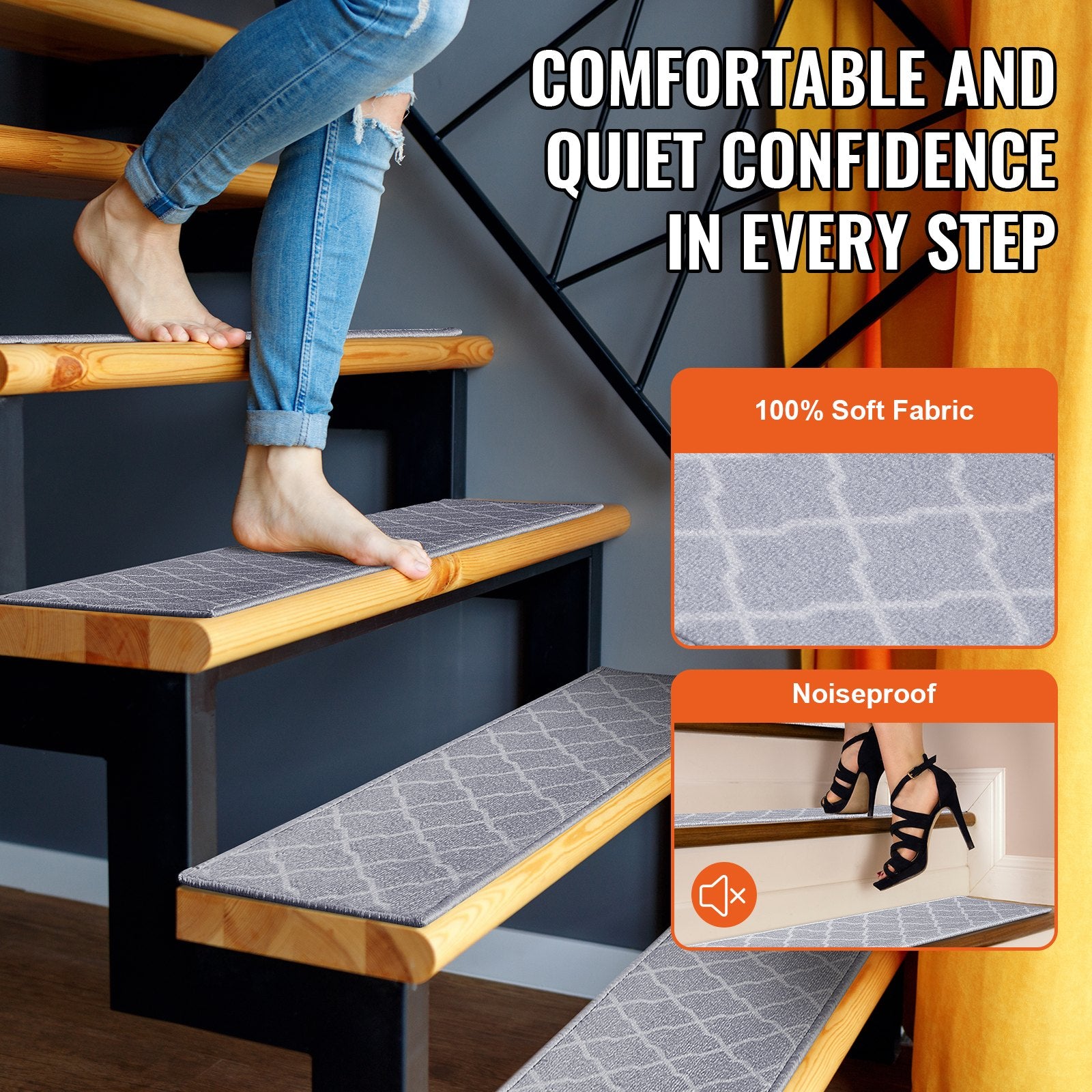Light Gray Non-Slip Stair Treads 9"x28" - Indoor Carpet Runner for Wooden Steps, Safe for Kids, Elders & Pets, 15 Piece Set