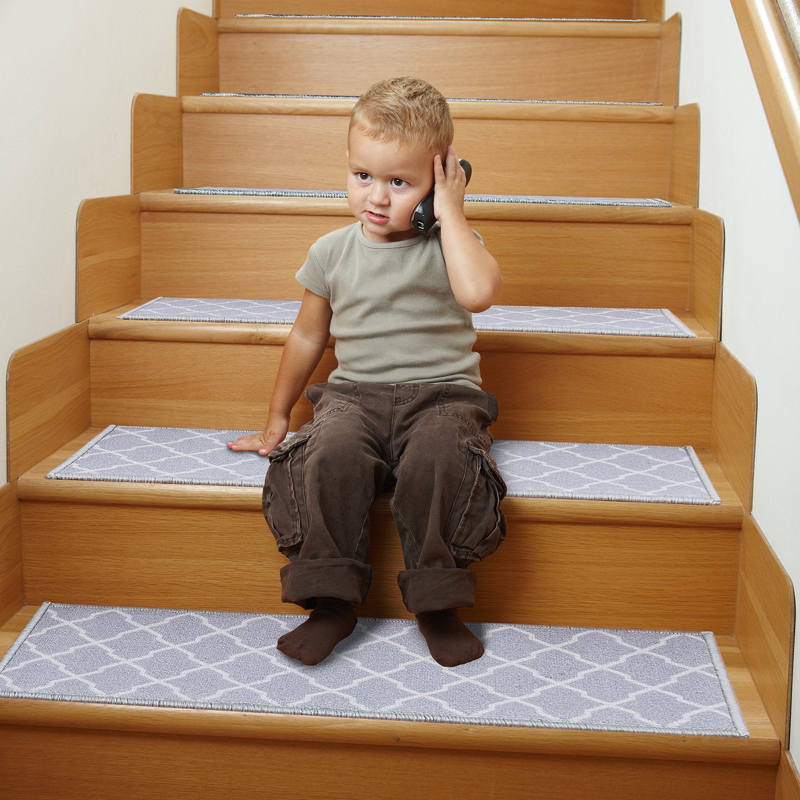 Light Gray Non-Slip Stair Treads 9"x28" - Indoor Carpet Runner for Wooden Steps, Safe for Kids, Elders & Pets, 15 Piece Set