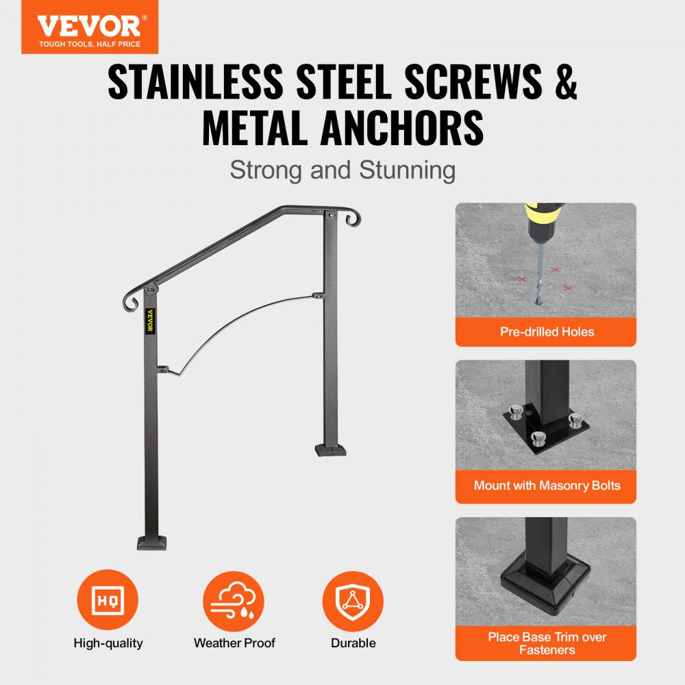 VEVOR Handrail Arch #2 Fits 2 or 3 Steps Matte Black Stair Rail Wrought Iron Handrail Black Transitional Hand railings for Concrete Steps or Wooden Stairs with Installation Kit