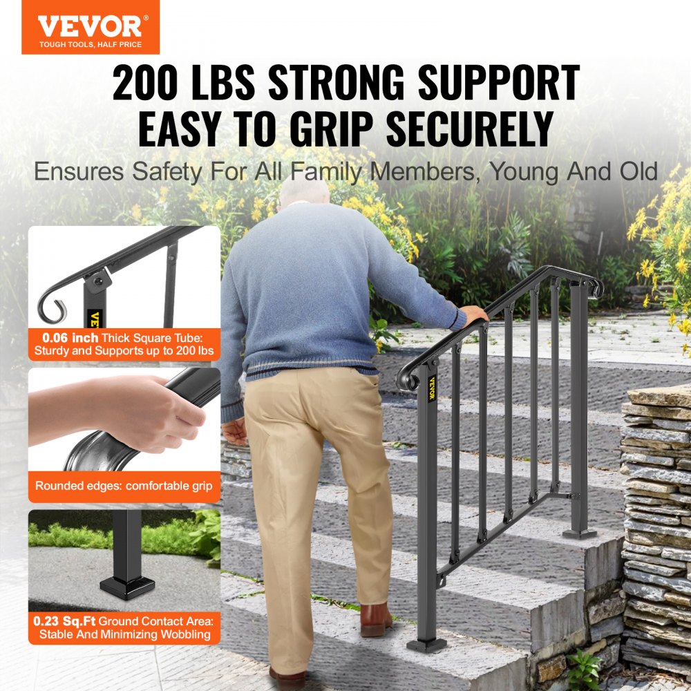 VEVOR Handrail Picket #2 Fits 2 or 3 Steps Matte Black Stair Rail Wrought Iron Handrail Black Transitional Hand railings for Concrete Steps or Wooden Stairs with Installation Kit