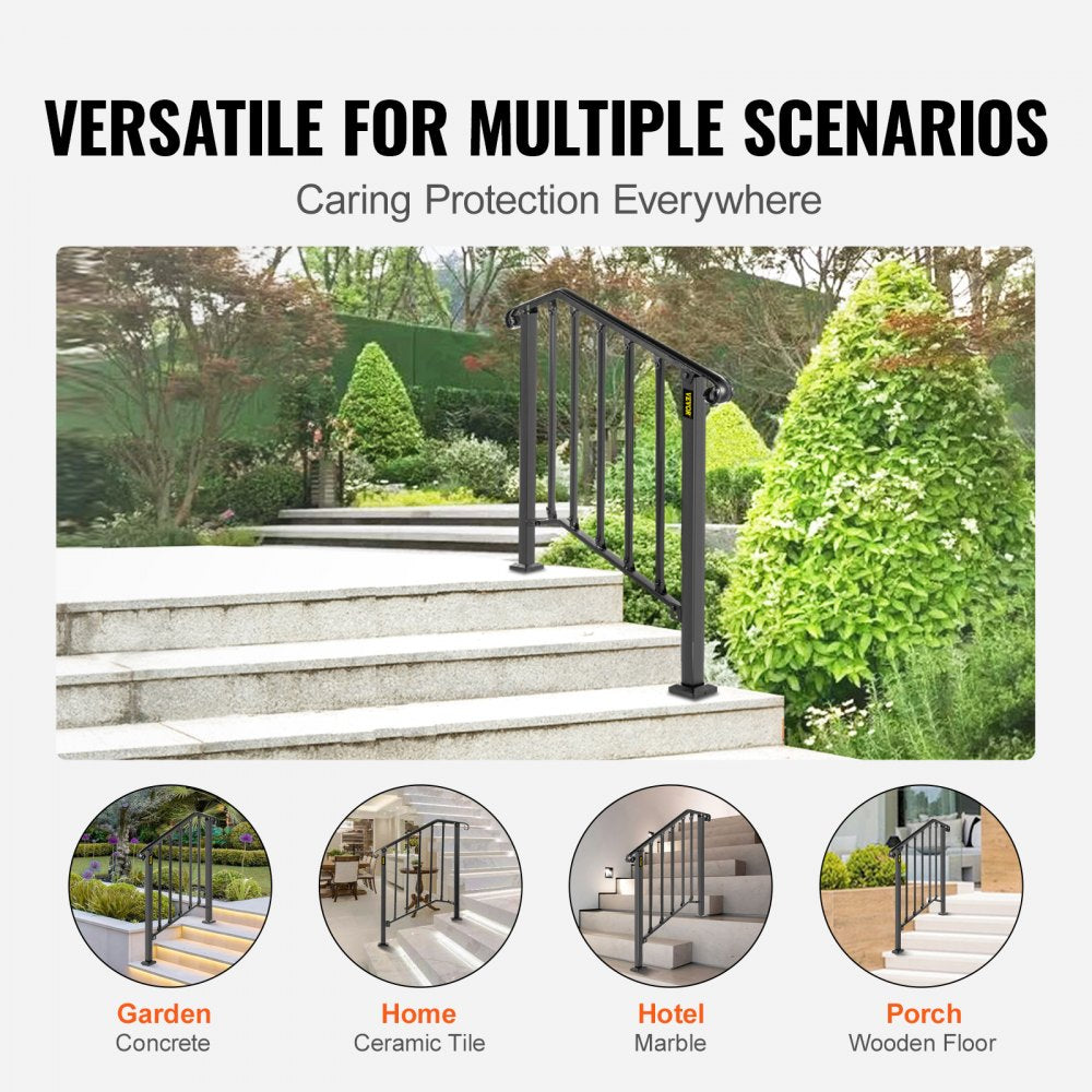 VEVOR Handrail Picket #2 Fits 2 or 3 Steps Matte Black Stair Rail Wrought Iron Handrail Black Transitional Hand railings for Concrete Steps or Wooden Stairs with Installation Kit