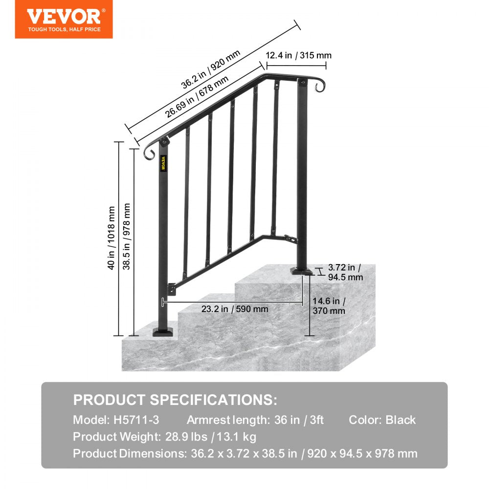 VEVOR Handrail Picket #2 Fits 2 or 3 Steps Matte Black Stair Rail Wrought Iron Handrail Black Transitional Hand railings for Concrete Steps or Wooden Stairs with Installation Kit