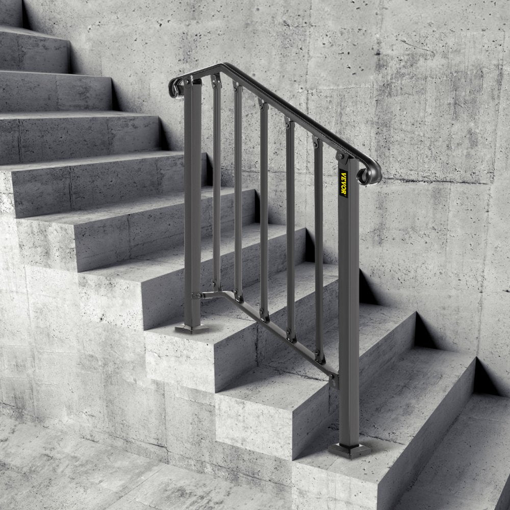 VEVOR Handrail Picket #2 Fits 2 or 3 Steps Matte Black Stair Rail Wrought Iron Handrail Black Transitional Hand railings for Concrete Steps or Wooden Stairs with Installation Kit