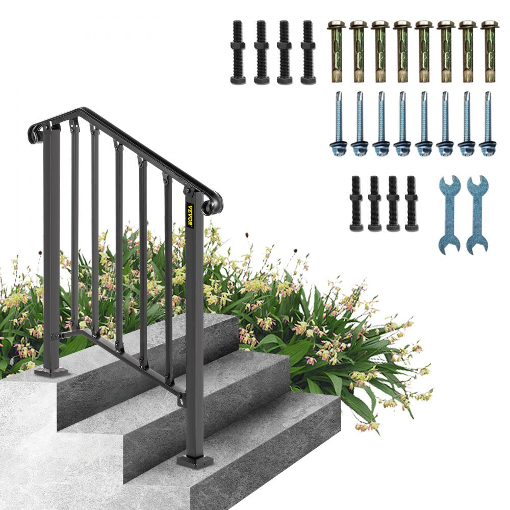 VEVOR Handrail Picket #2 Fits 2 or 3 Steps Matte Black Stair Rail Wrought Iron Handrail Black Transitional Hand railings for Concrete Steps or Wooden Stairs with Installation Kit