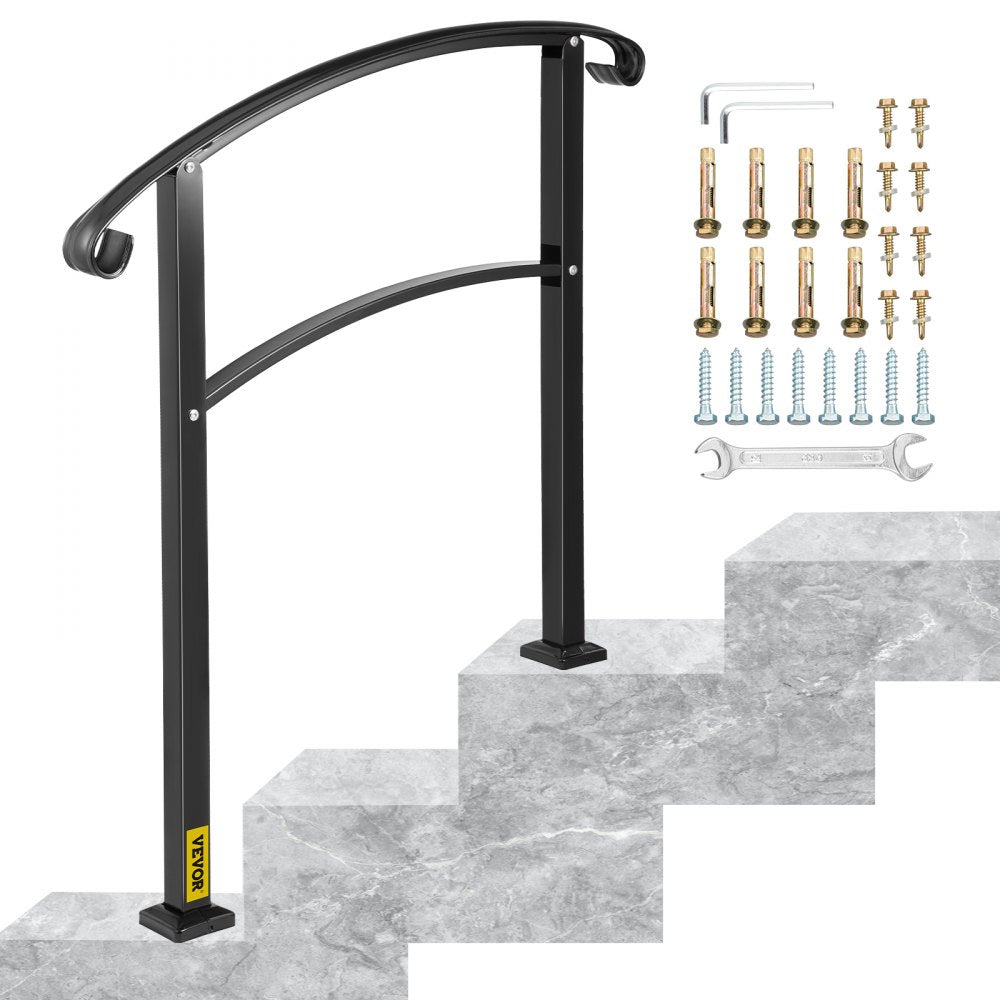 VEVOR 3-Step Transitional Handrail Fits 1 or 3 Steps Matte Stair Rail Wrought Iron Handrail with Installation Kit Hand Rails for Outdoor Steps (Unadjustable) (Black)